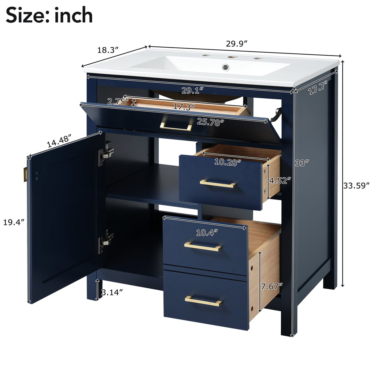 30-Inch Blue Bathroom Vanity with Ceramic Sink and Ample Storage - Ideal Choice for Small Bathrooms - Korvel