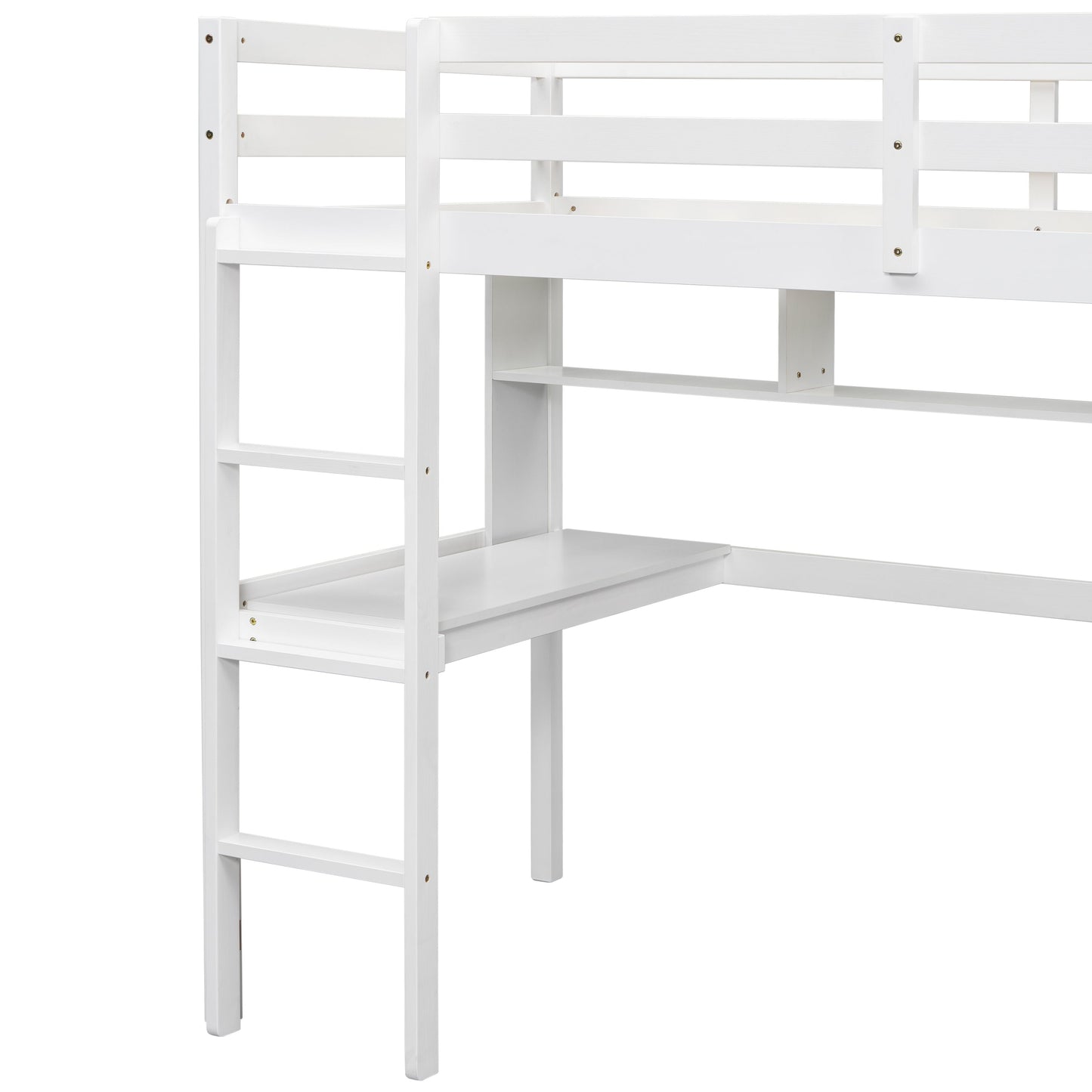 Twin Loft Bed with built-in desk and bookcase of three compartments, Guardrails and Ladder,White - Korvel