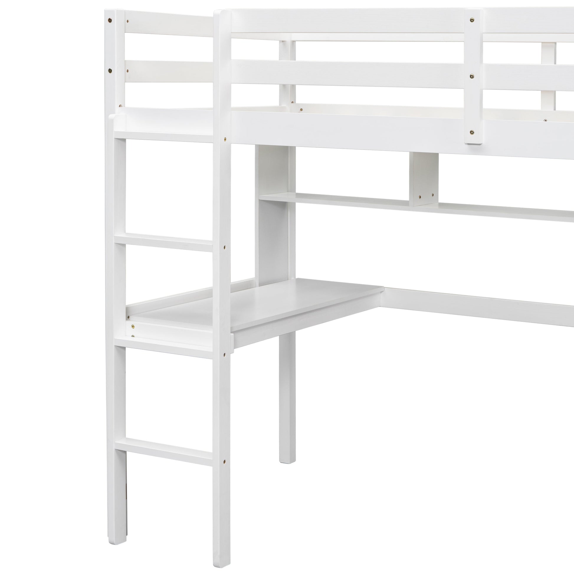 Twin Loft Bed with built-in desk and bookcase of three compartments, Guardrails and Ladder,White - Korvel