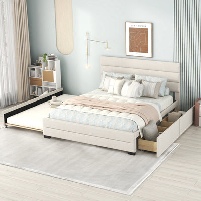 Queen Upholstered Platform Bed with Twin Size Trundle and Two Drawers  Beige - Korvel