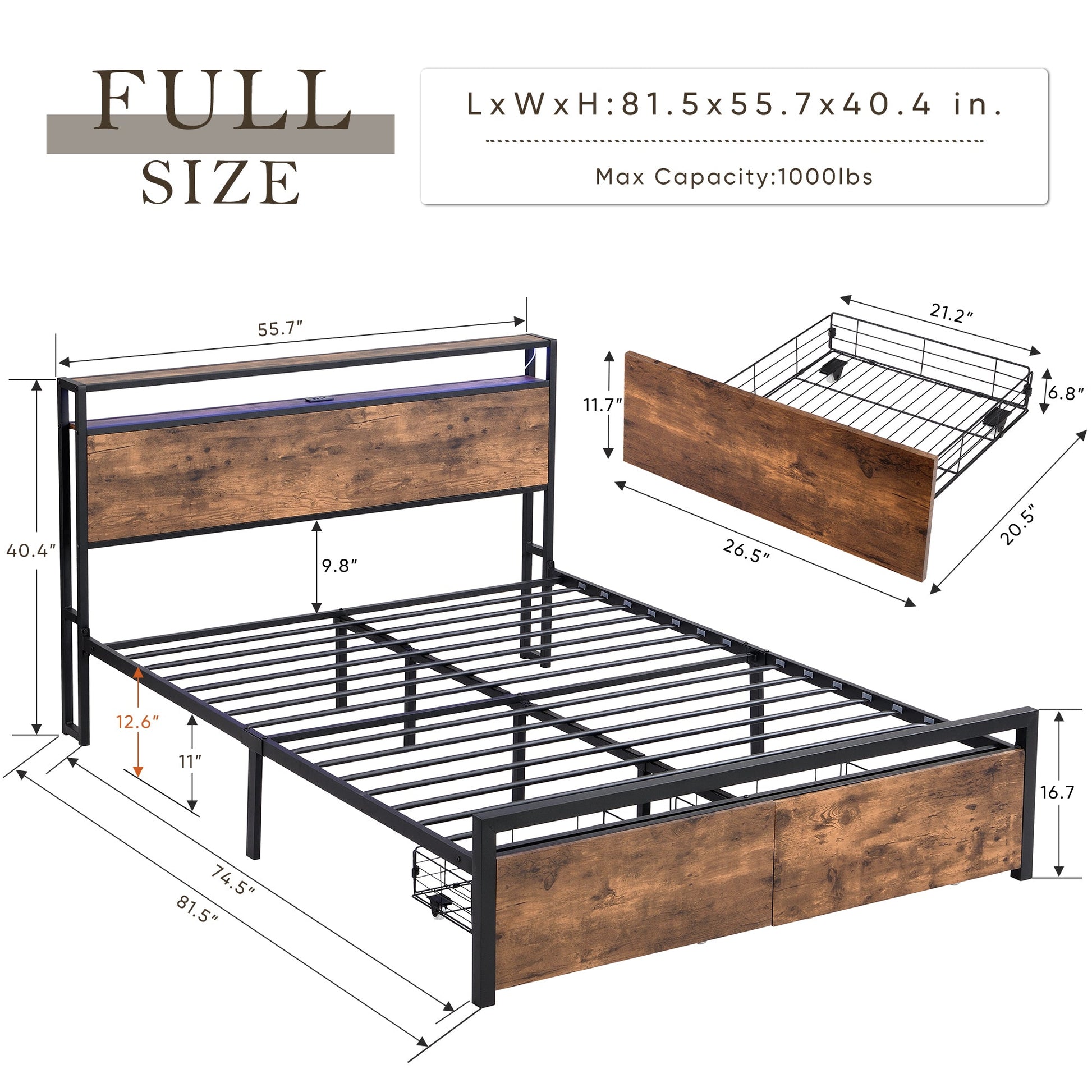 Full size bedstead with storage headboard and 2 drawers, LED light bed with charging station, metal Flat noodles support - Korvel