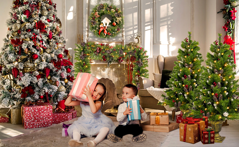 Christmas Tree Artificial Christmas 4-piece Set, including flower wreath, flower wreath, and 2 entrance trees, with LED lights - Korvel