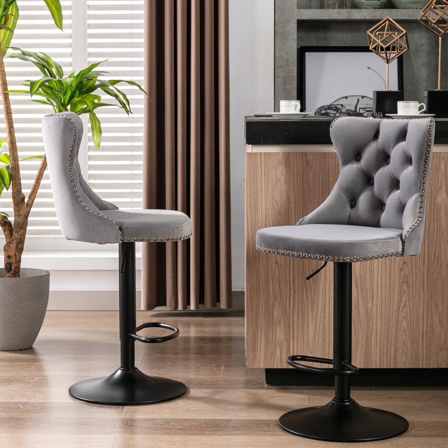 Gray,Set of 2 25-33 Inch,17.7 inch base, Modern Upholstered Bar Stools with Backs Comfortable Tufted for Home Pub and Kitchen - Korvel