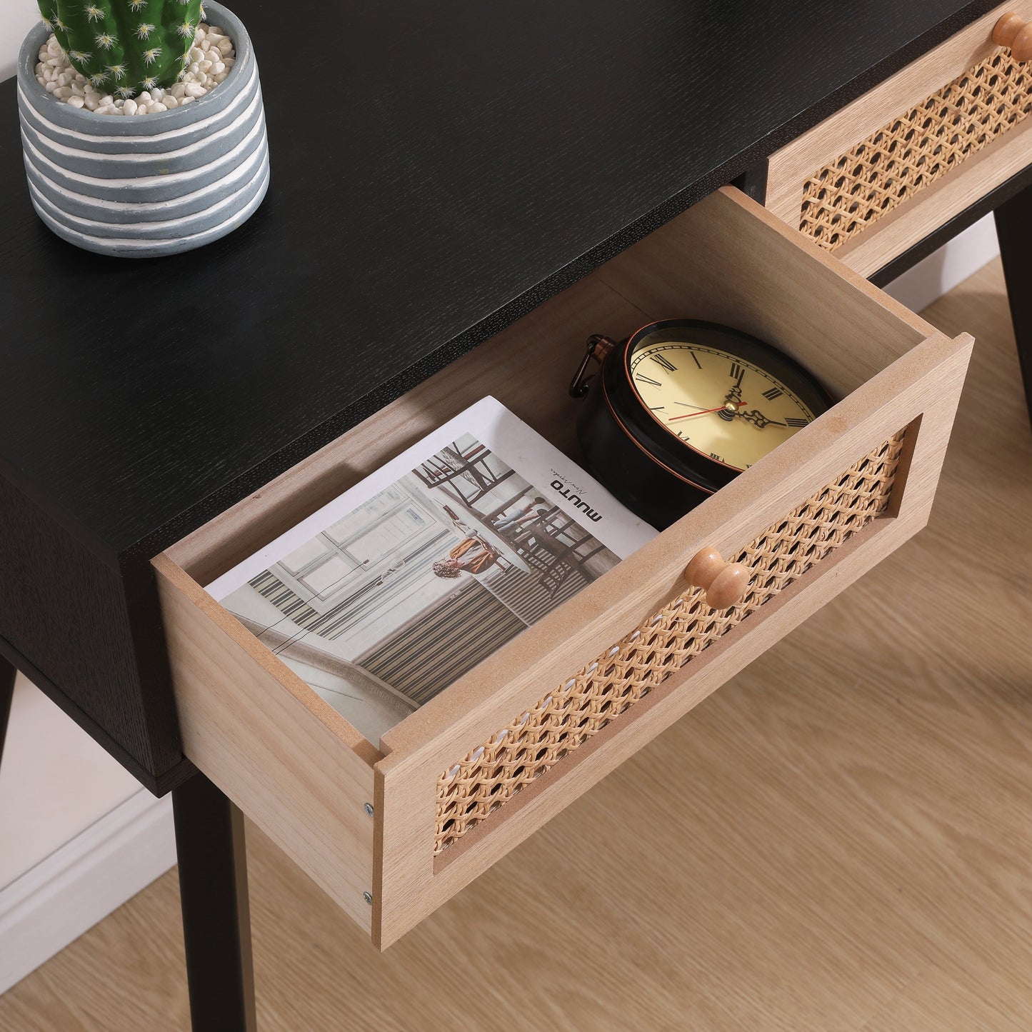 Side table with two real rattan drawers, solid wood table legs,can be used in the dining room, living room,bedroom - Korvel