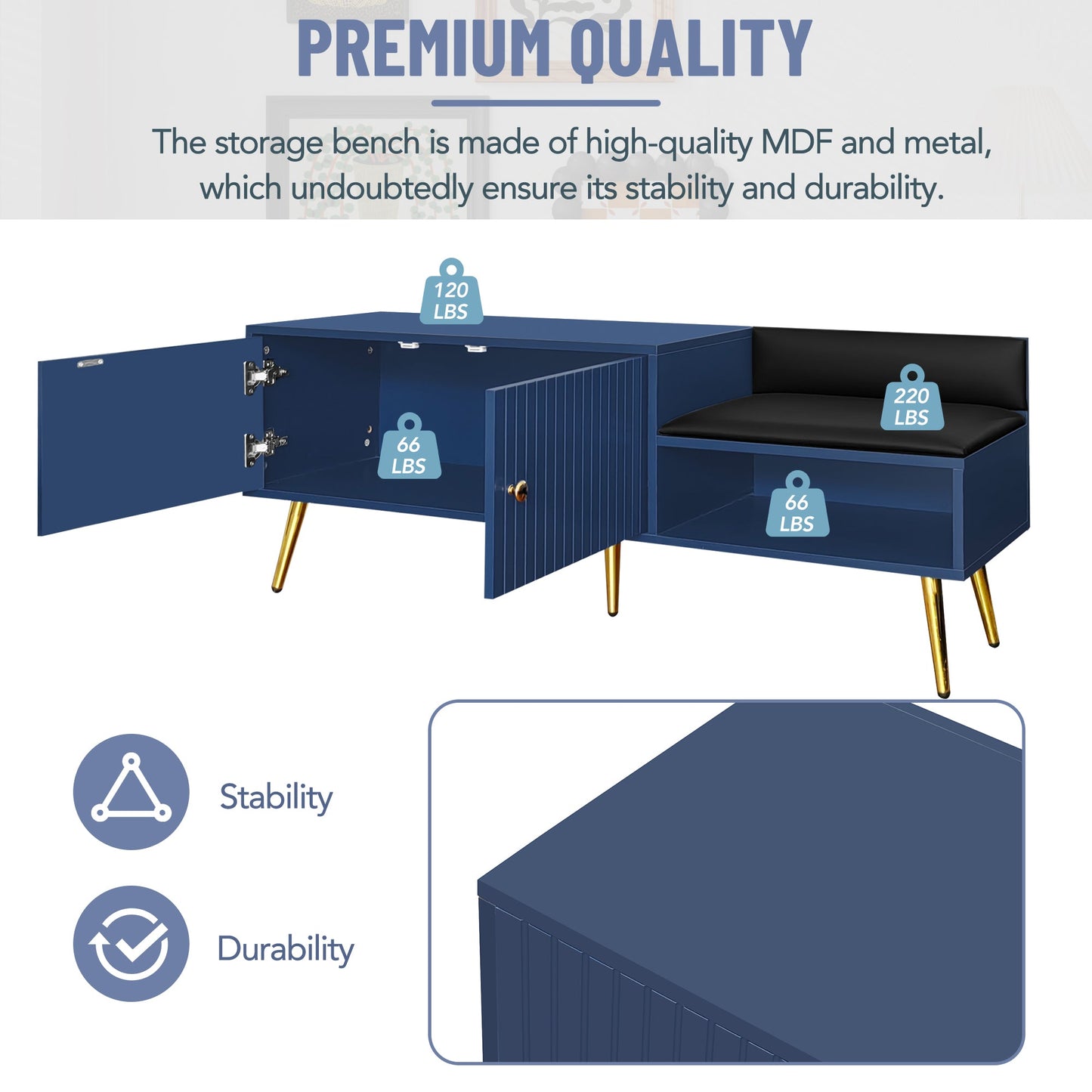 Modern Navy Shoe Storage Bench with Hidden Storage & Cushions