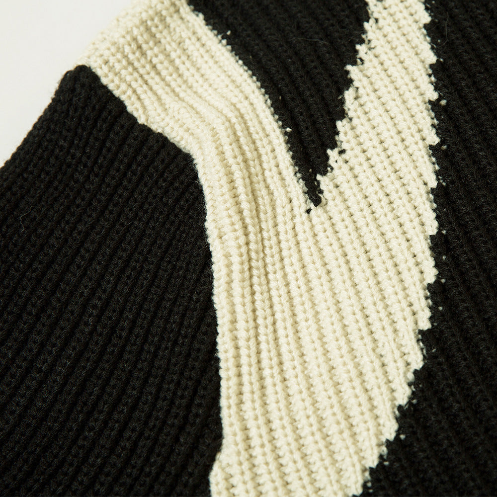 Color Block Zipper Cardigan Sweater Men's Autumn Street Style Stand Collar Long Sleeve Loose Knitwear - Korvel