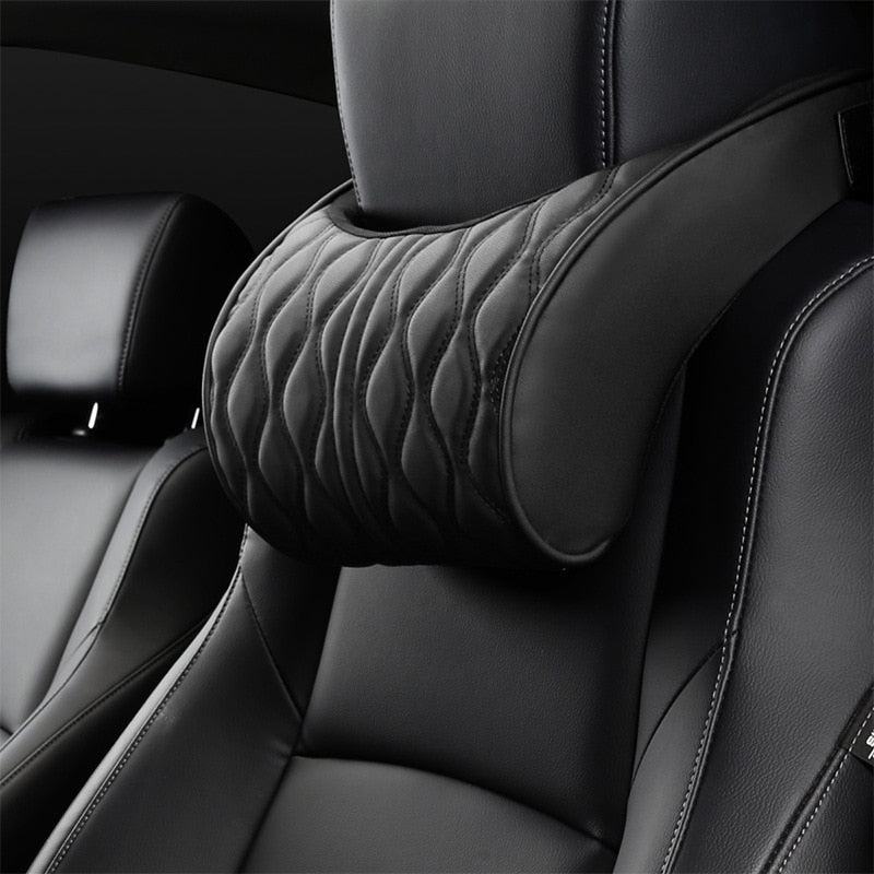 Memory Foam Car Headrest Pillow Leather Embroidered Seat Supports Sets Back Cushion Adjustment Auto Neck Rest Lumbar Pillows - Korvel