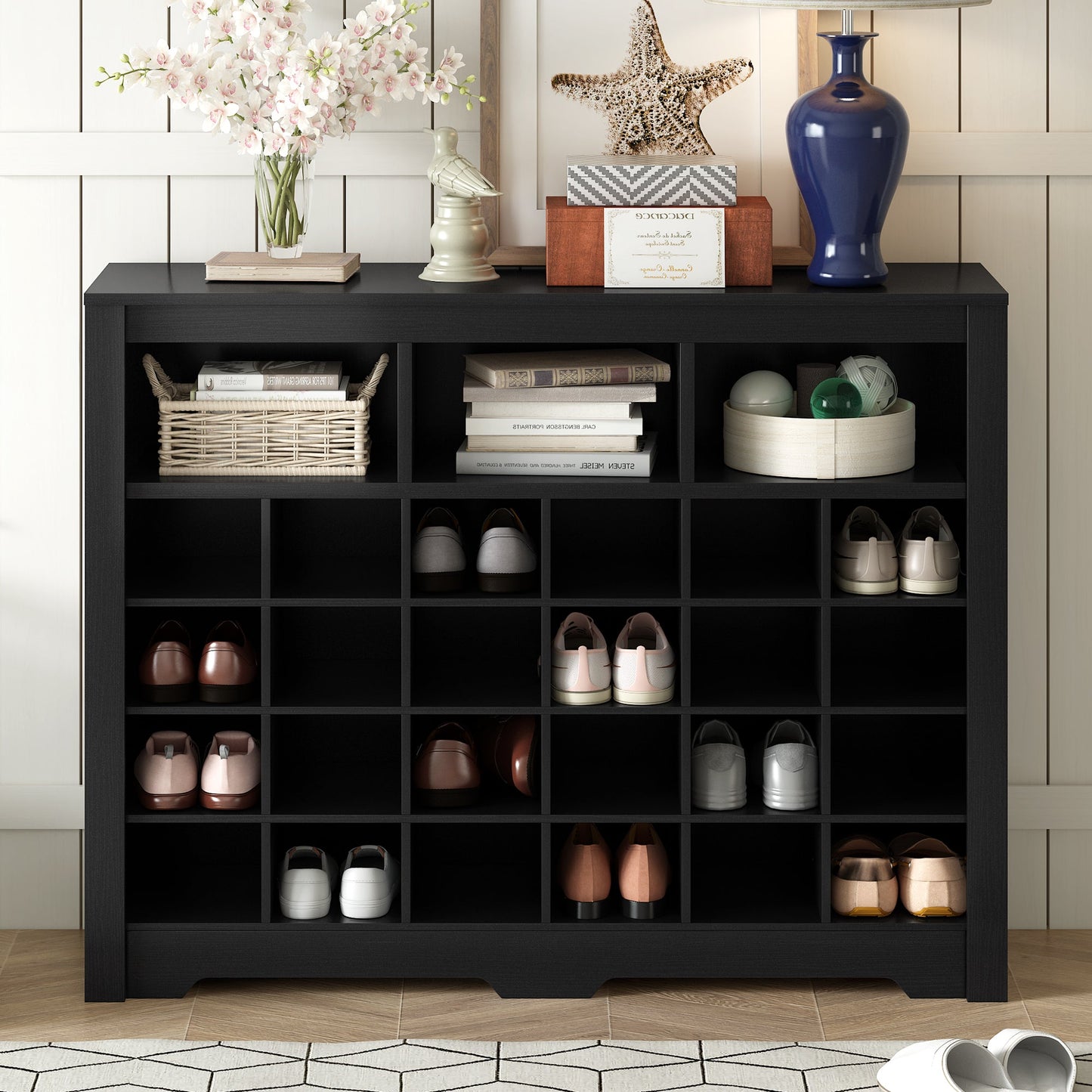 ONTREND Sleek Design 24 Shoe Cabinet - Modern Black Organizer