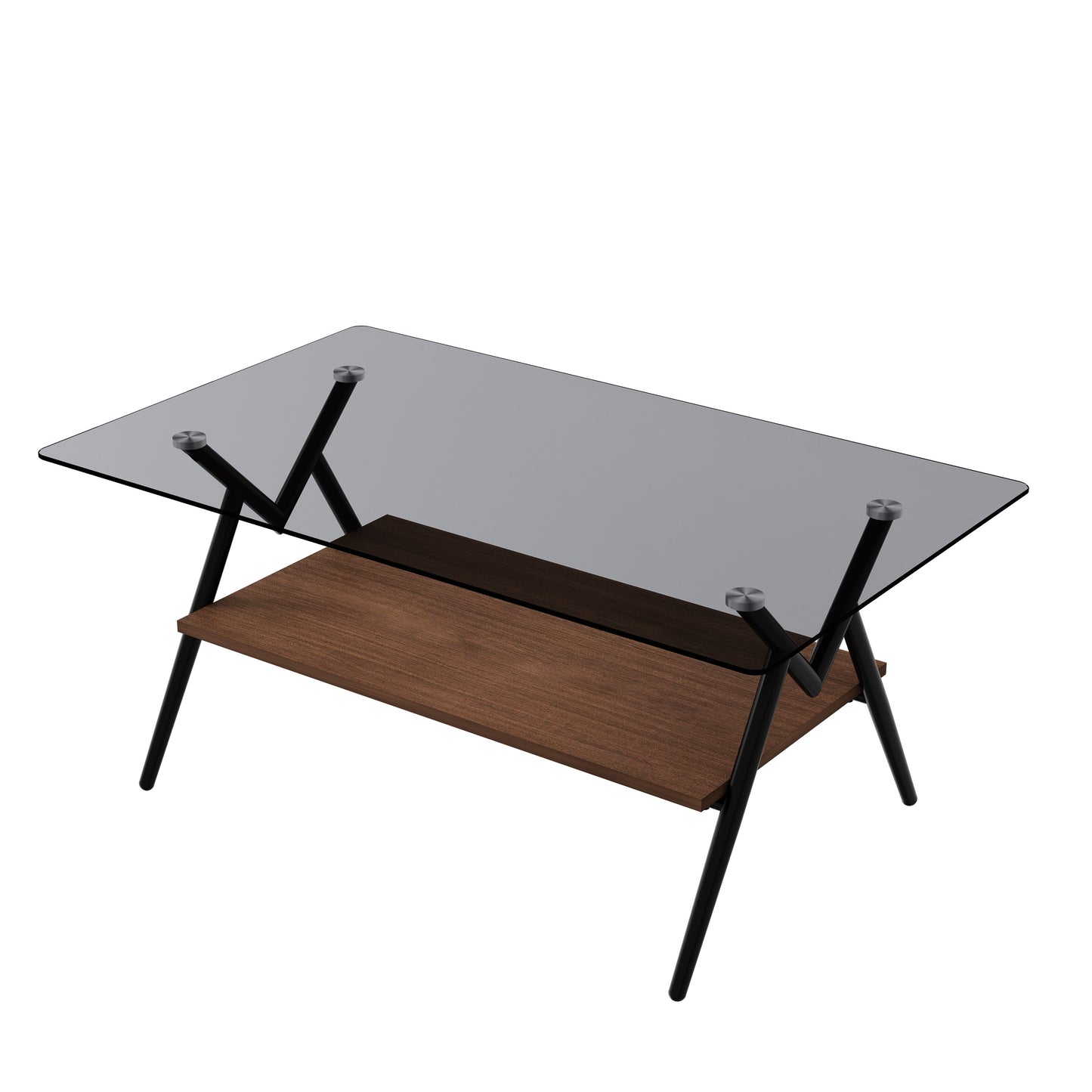Rectangle Coffee Table with Tempered Glass top and Brown MDF Shelf, Modern Table for Living Room, Gray Glass - Korvel