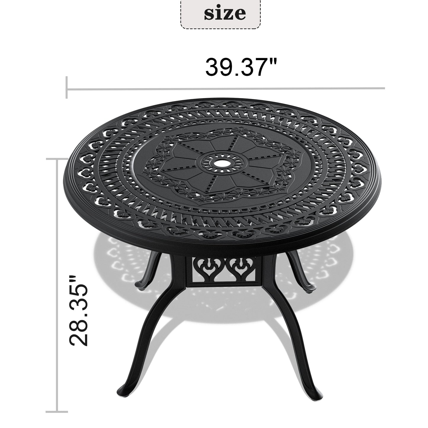 Ø39.37-inch Cast Aluminum Patio Dining Table With Black Frame and Umbrella Hole - Korvel