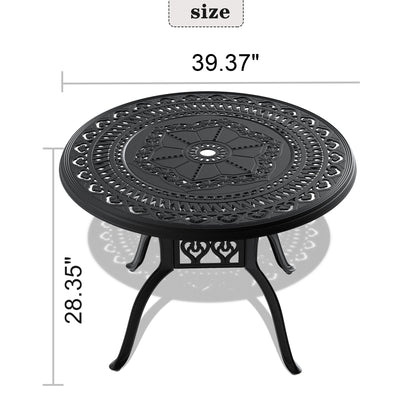 Ø39.37-inch Cast Aluminum Patio Dining Table With Black Frame and Umbrella Hole - Korvel