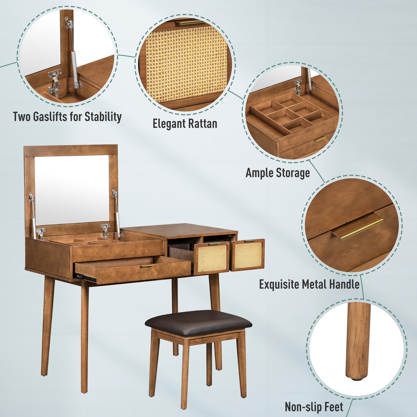43.3" Wooden Vanity Set with Flip Mirror and Stool