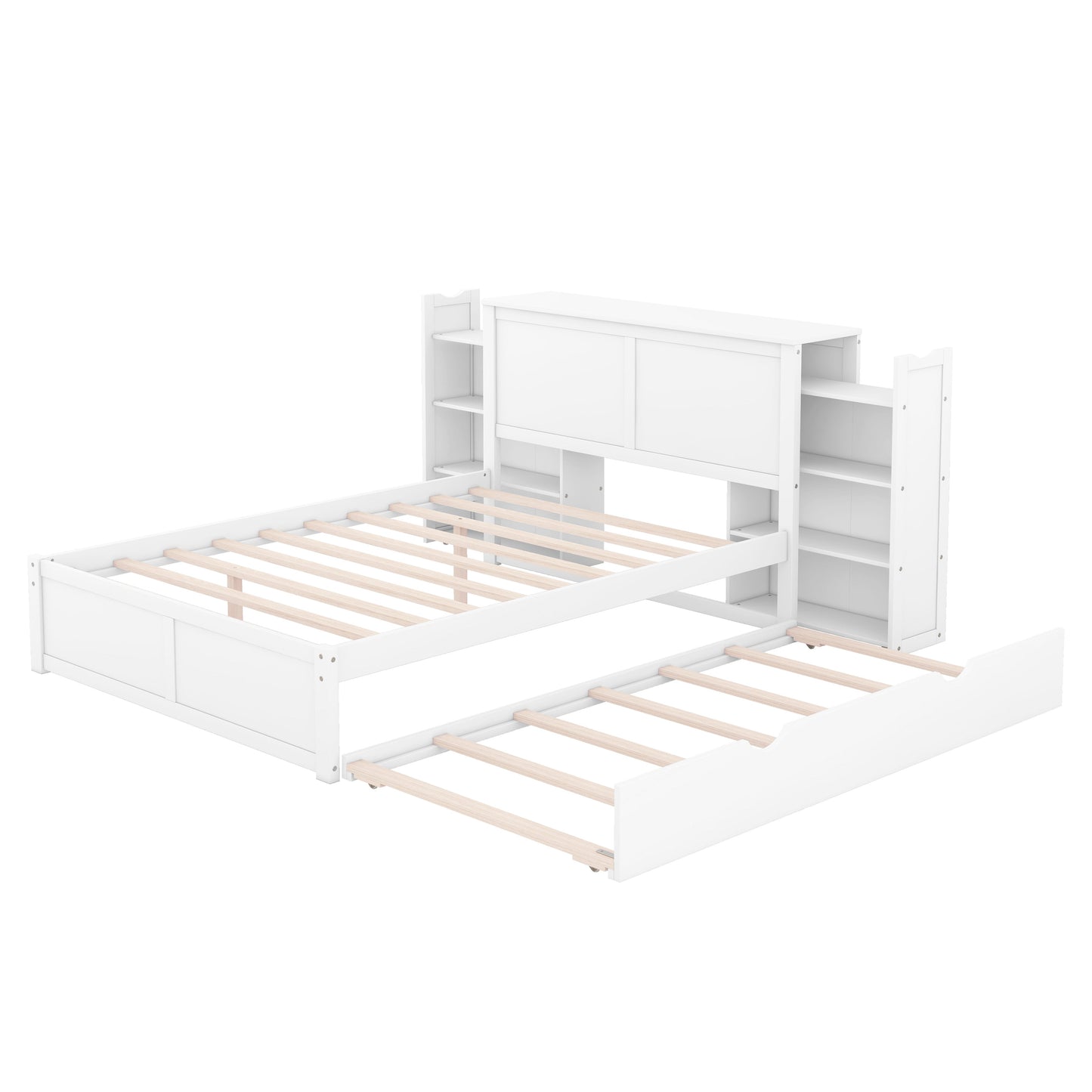 Full Size Storage Platform Bed with Pull Out Shelves and Twin Size Trundle, White - Korvel