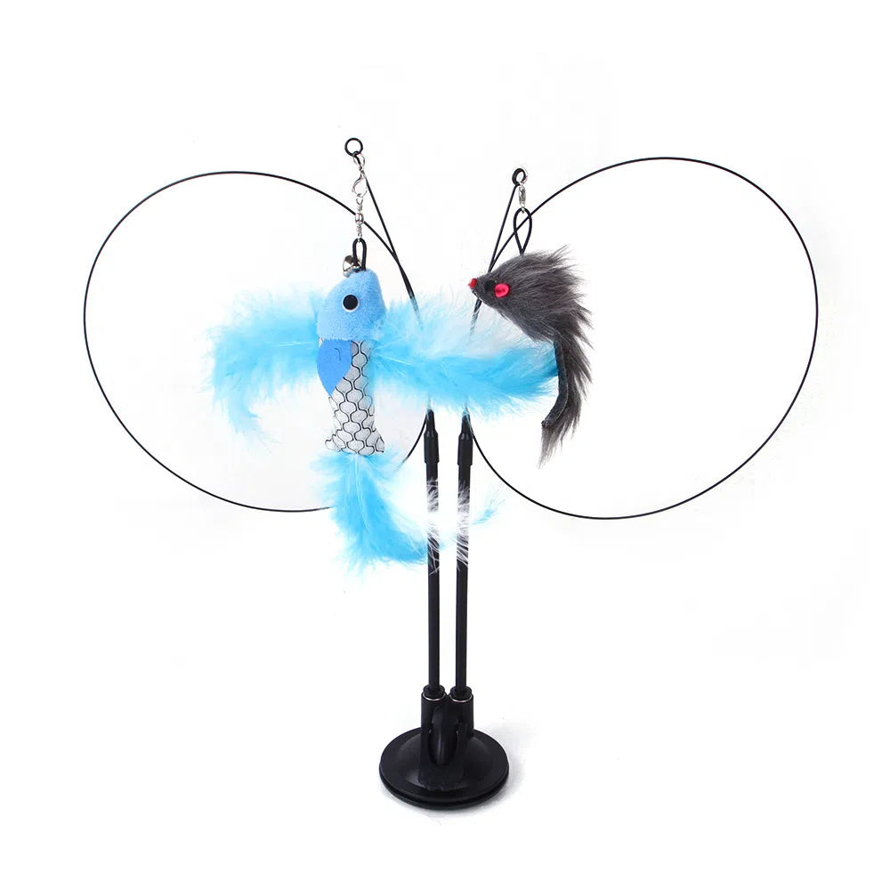 Suction cup cat toy stick that can be attached and held with steel wire multi head interchangeable cat toy and pet supplies - Korvel