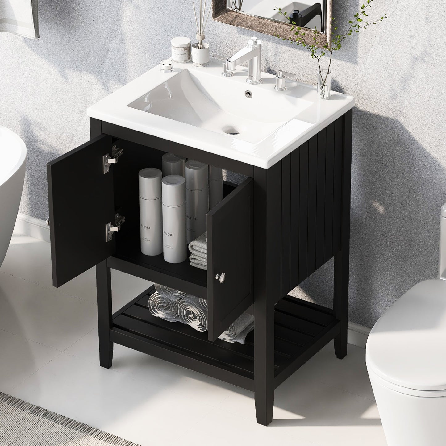 Meuble de salle de bain moderne noir de 24" avec évier en céramique élégant