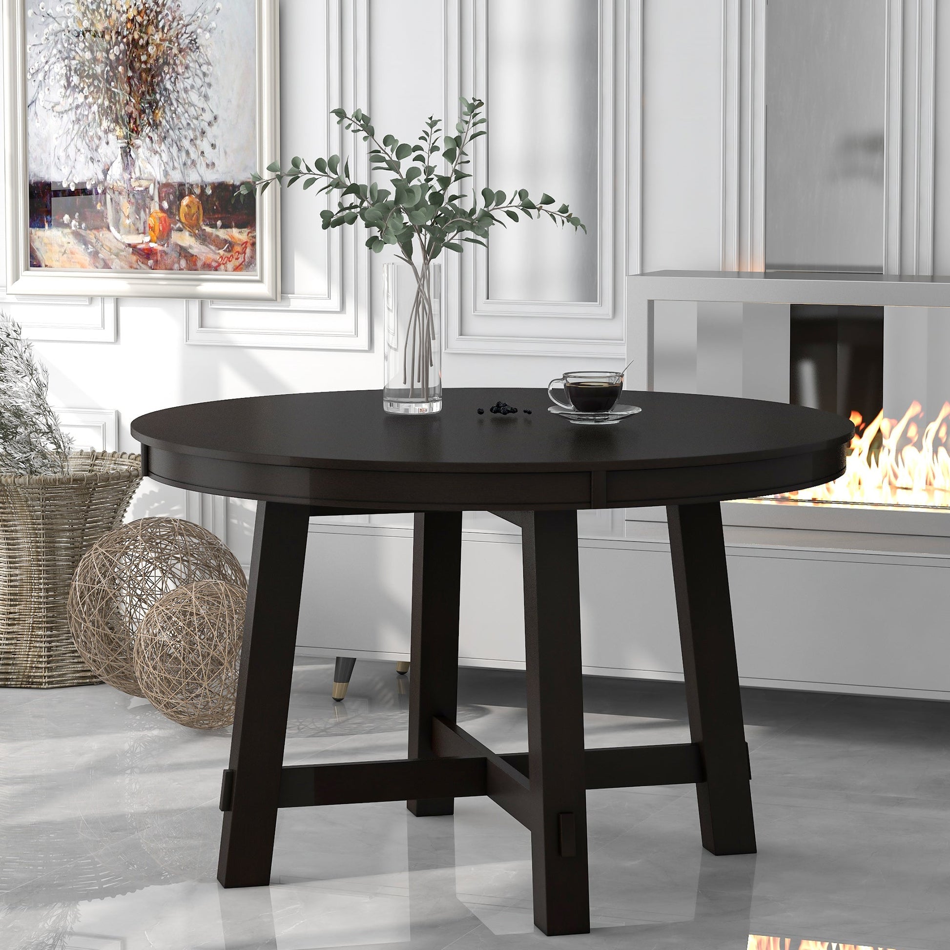 TREXM Farmhouse Round Extendable Dining Table with 16" Leaf Wood Kitchen Table (Espresso) - Korvel