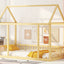 Twin Size Floor Wooden Bed with House Roof Frame and Safety Guardrails,Natural - Korvel