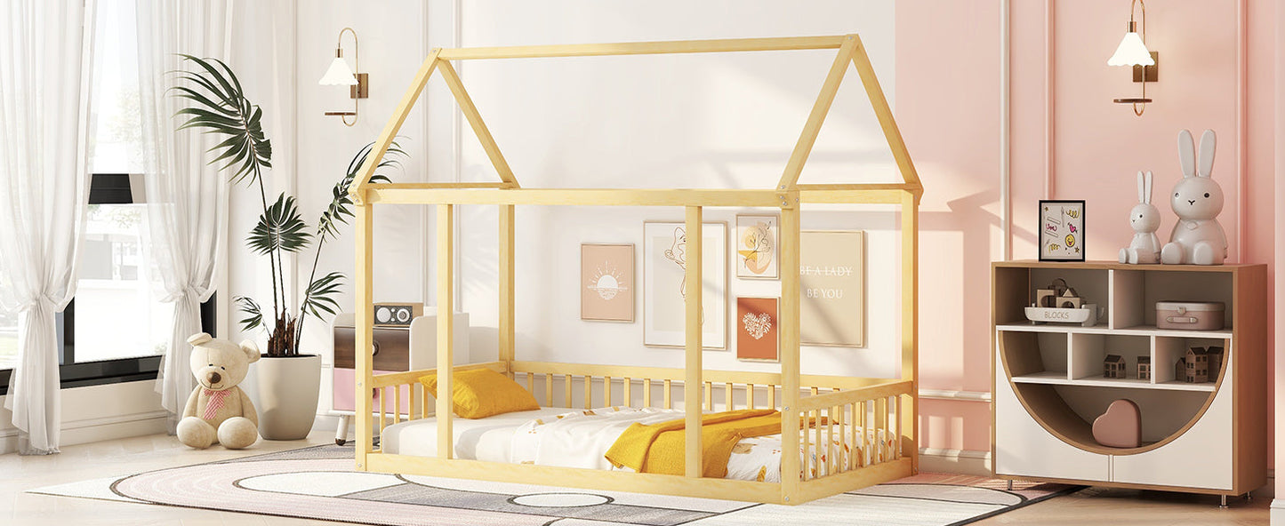 Twin Size Floor Wooden Bed with House Roof Frame and Safety Guardrails,Natural - Korvel