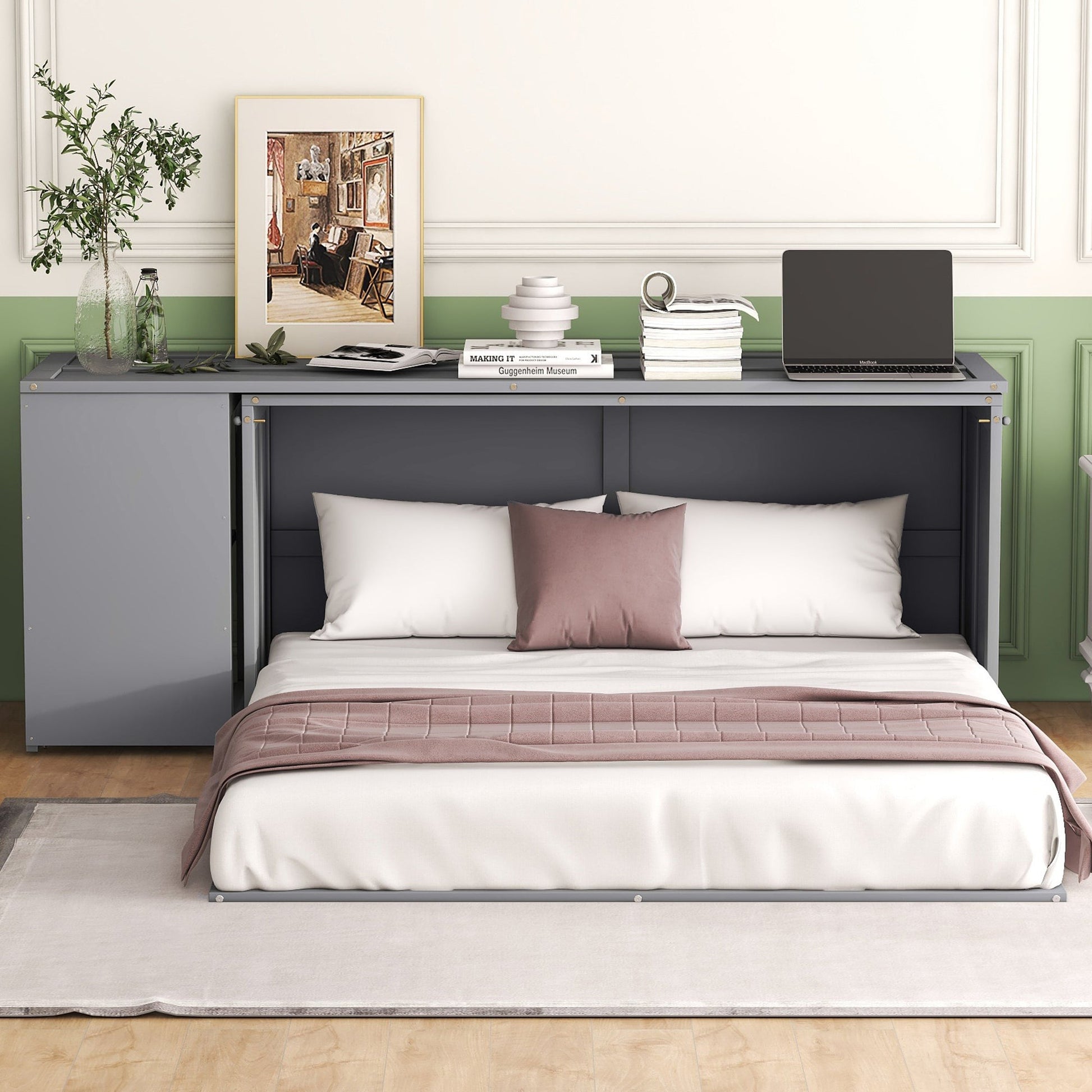 Queen Size Murphy Bed with Rotable Desk  Gray - Korvel