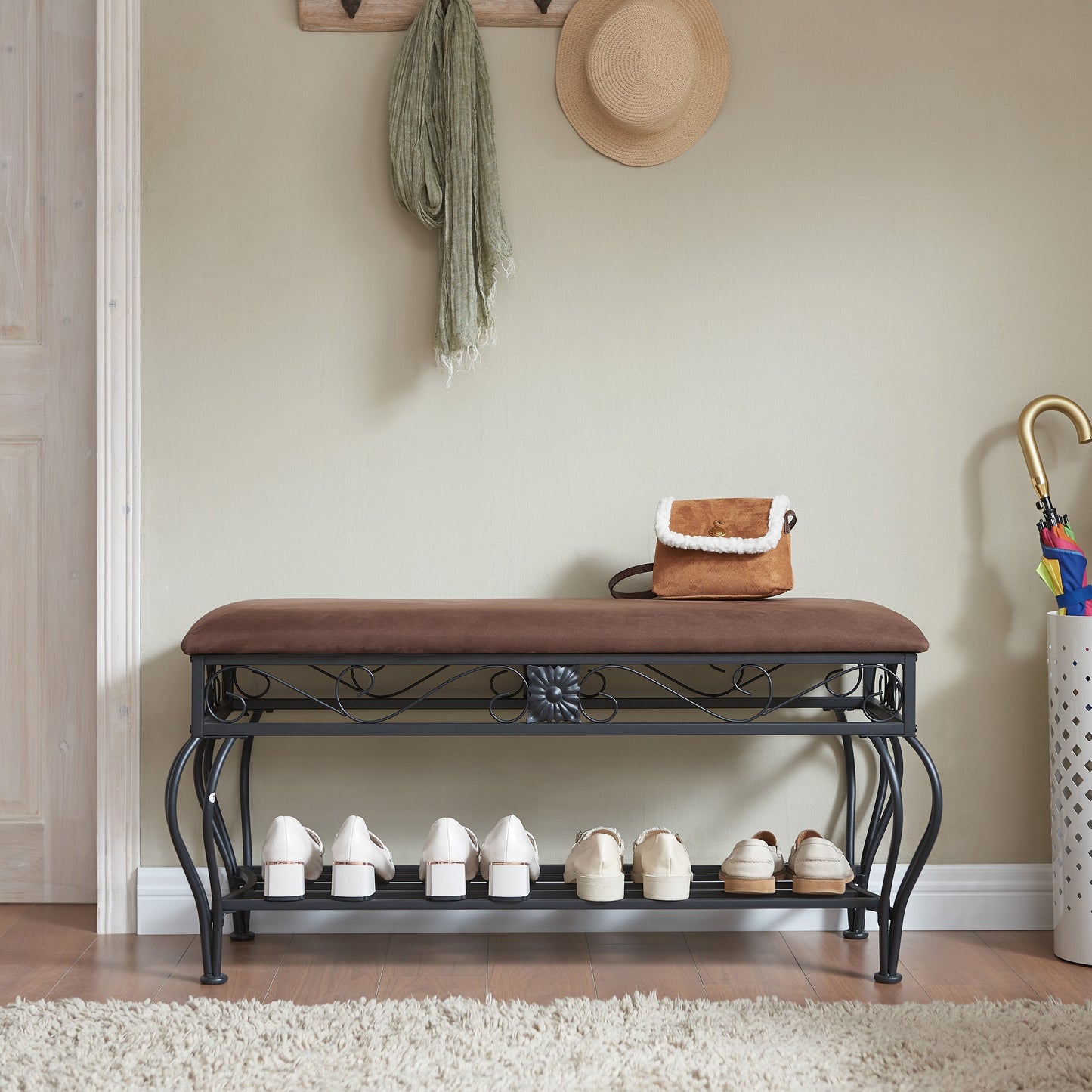 Shoe rack workbench for entrance, industrial workbench, rustic shoe rack for small spaces, padded entrance workbench - Korvel