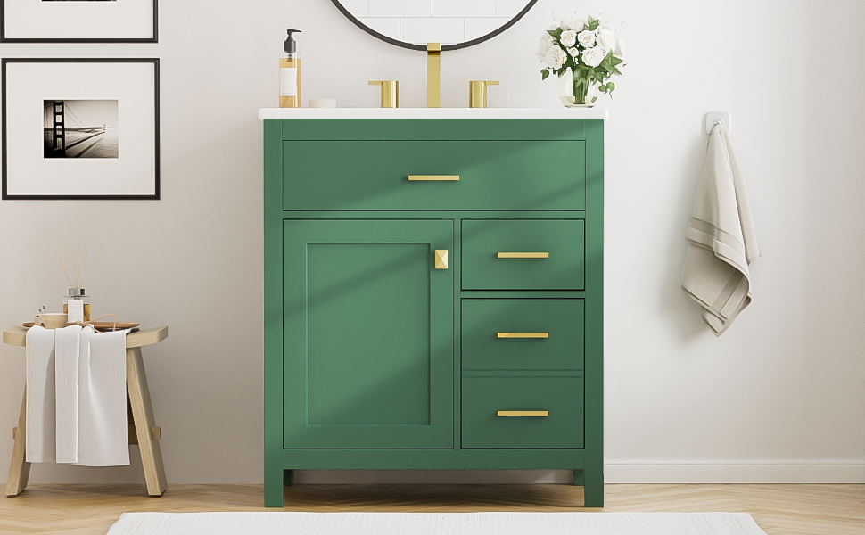 30-Inch Green Bathroom Vanity with Ceramic Sink