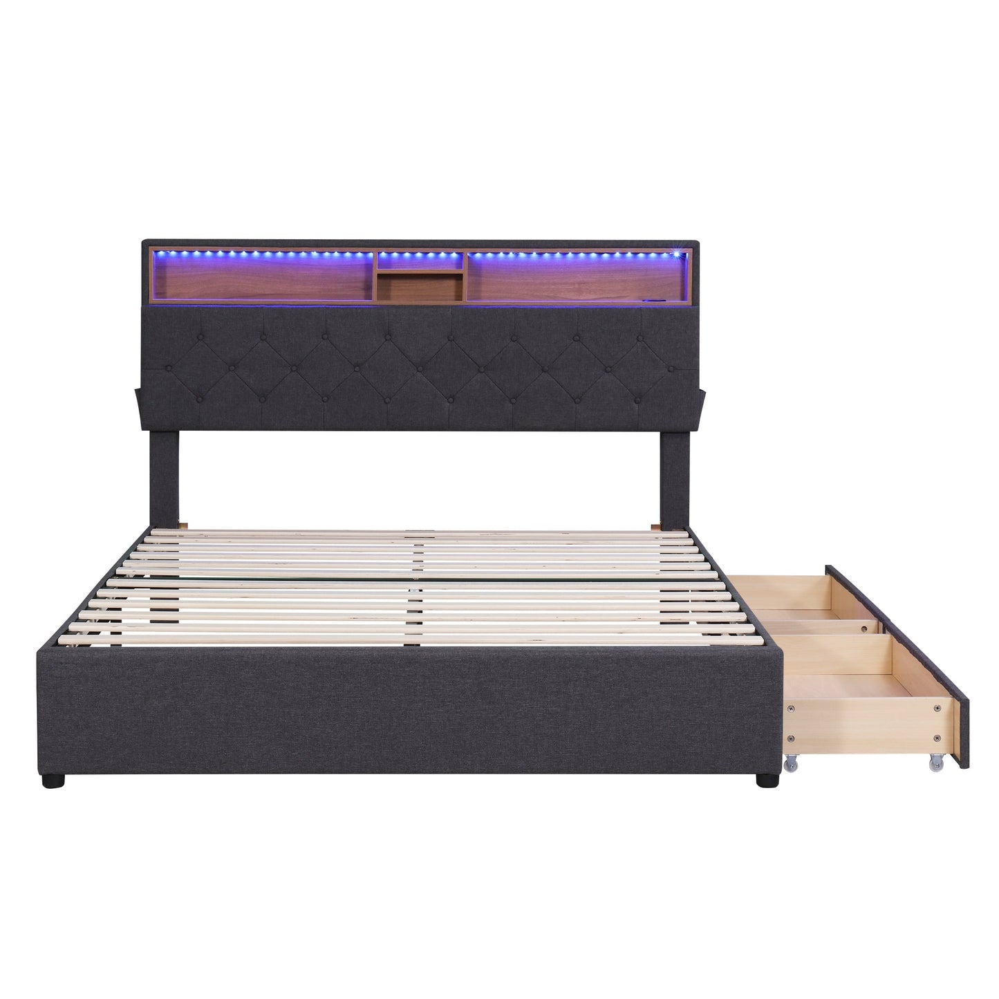 Queen Size Upholstered Platform Bed with Storage & LED, Dark Gray