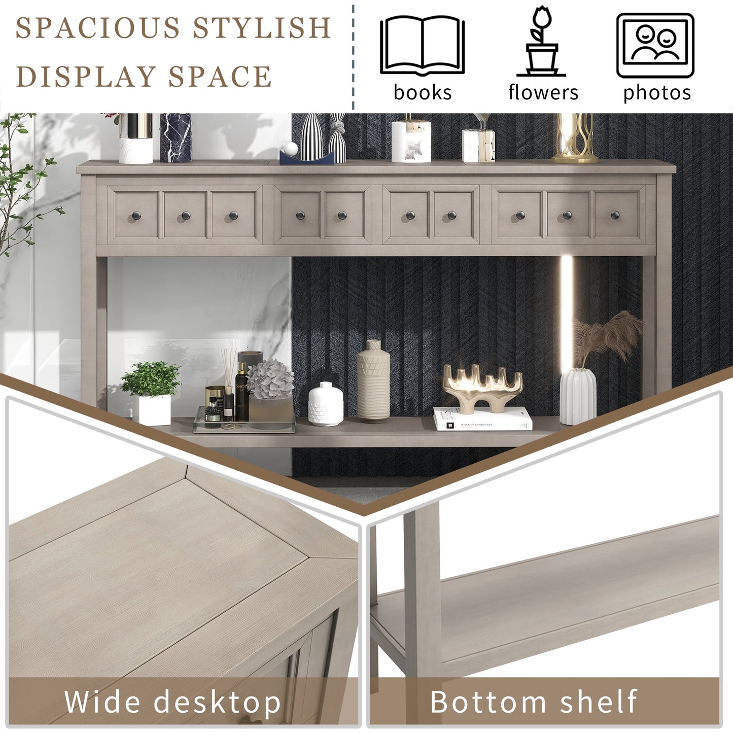 TREXM Rustic Entryway Console Table60" Long Sofa Table with two Different Size Drawers and Bottom Shelf for Storage (Gray Wash) - Korvel