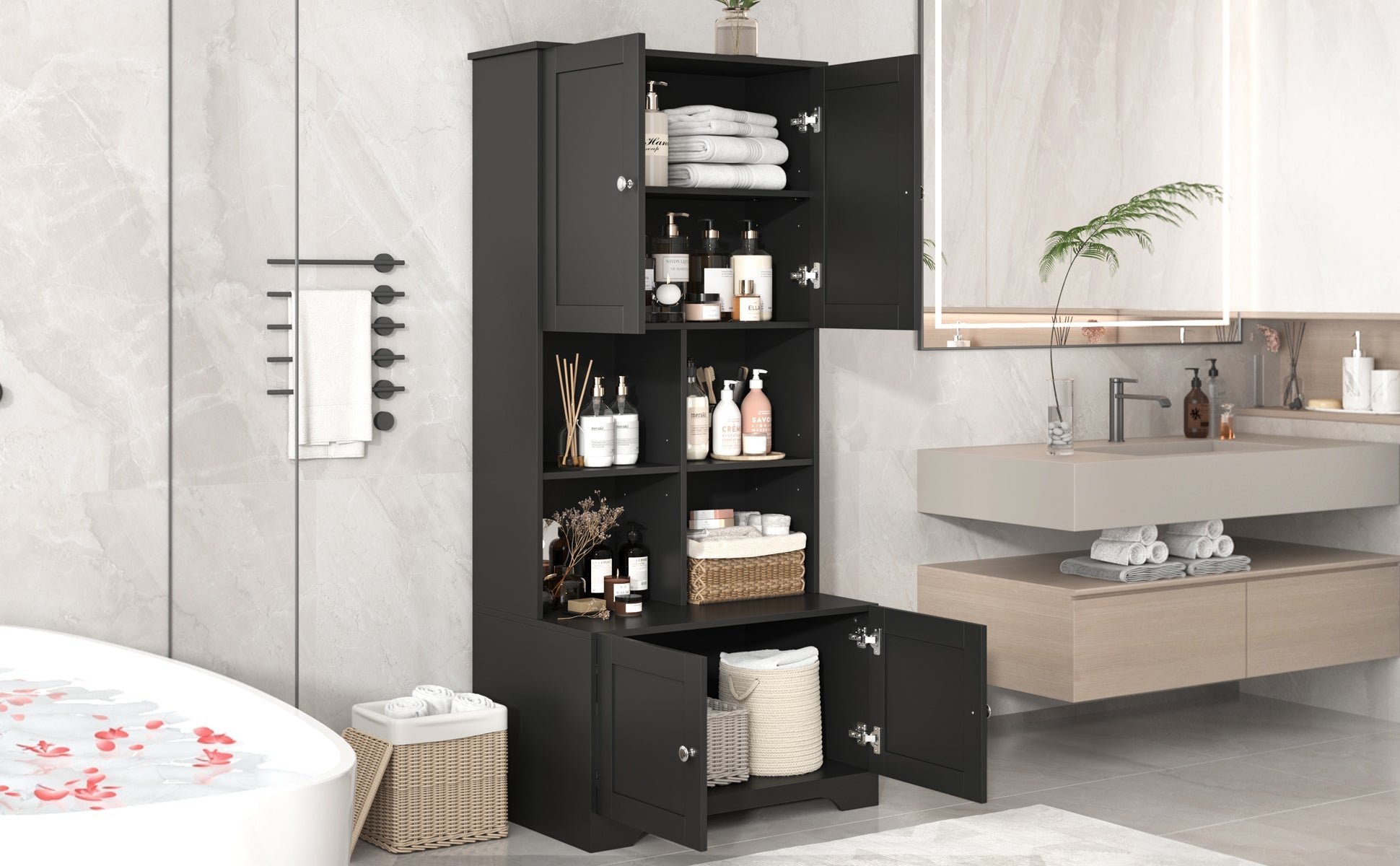 Bathroom storage cabinet, 4-door independent cabinet, adjustable shelf, open multi-layer shelf, black - Korvel