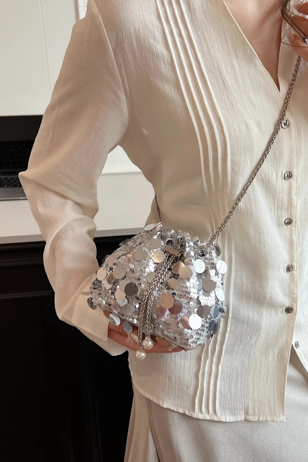 Drawstring Sequin Crossbody Bag - Korvel