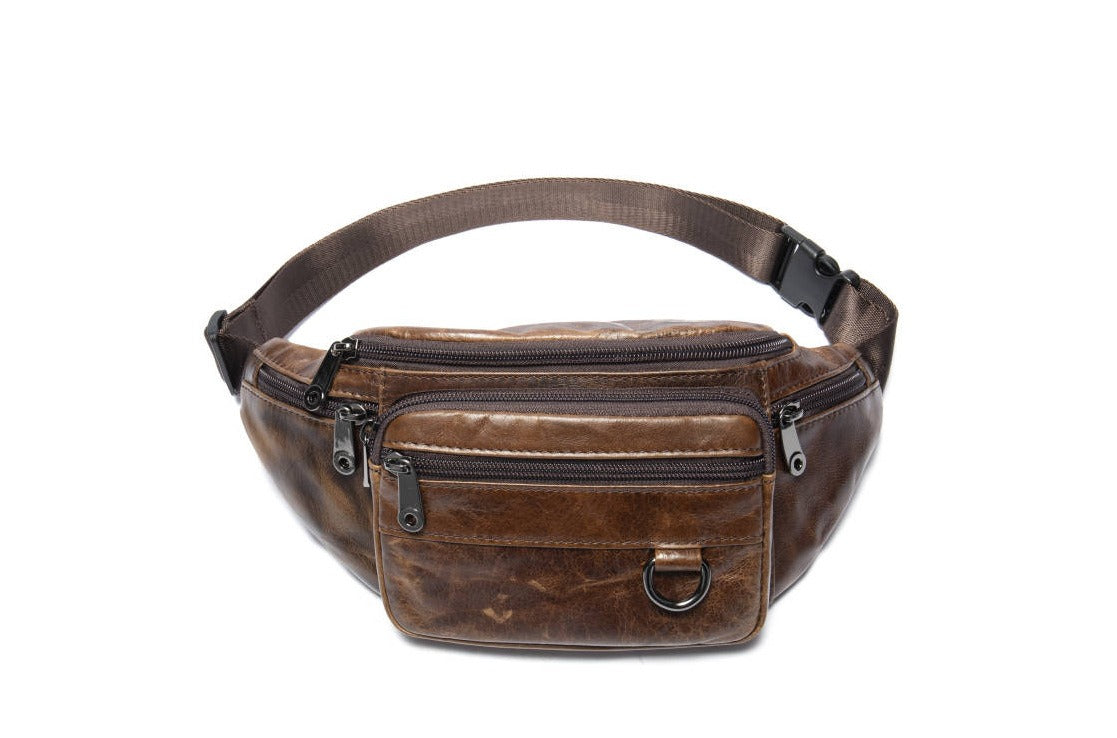 Men's sheepskin waist bag outdoor black mobile phone sheepskin bag leisure sports crossbody chest bag - Korvel