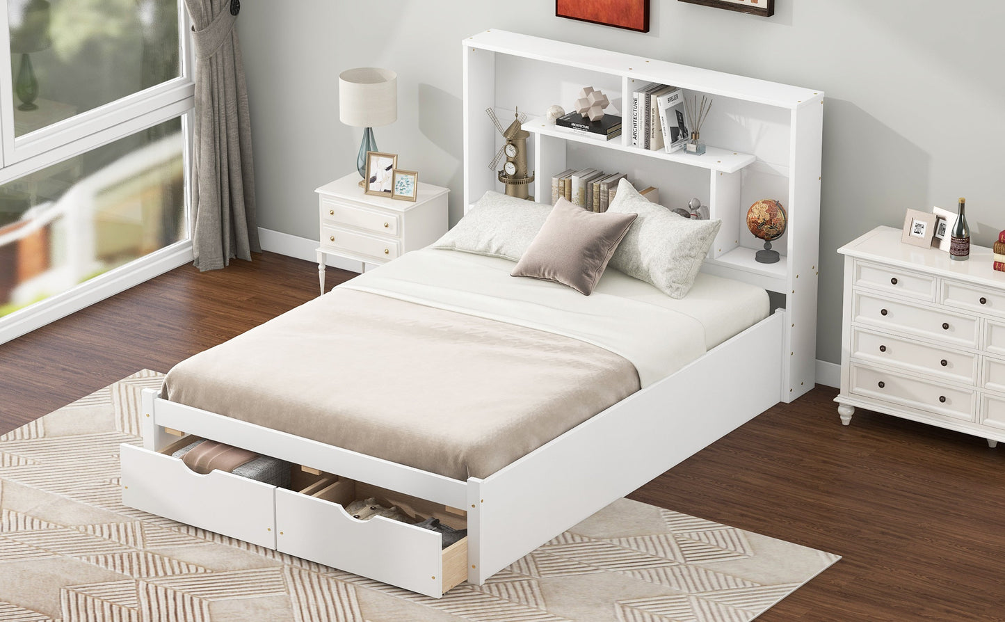 Full Size Platform Bed with Storage Headboard and 2 Drawers, White - Korvel