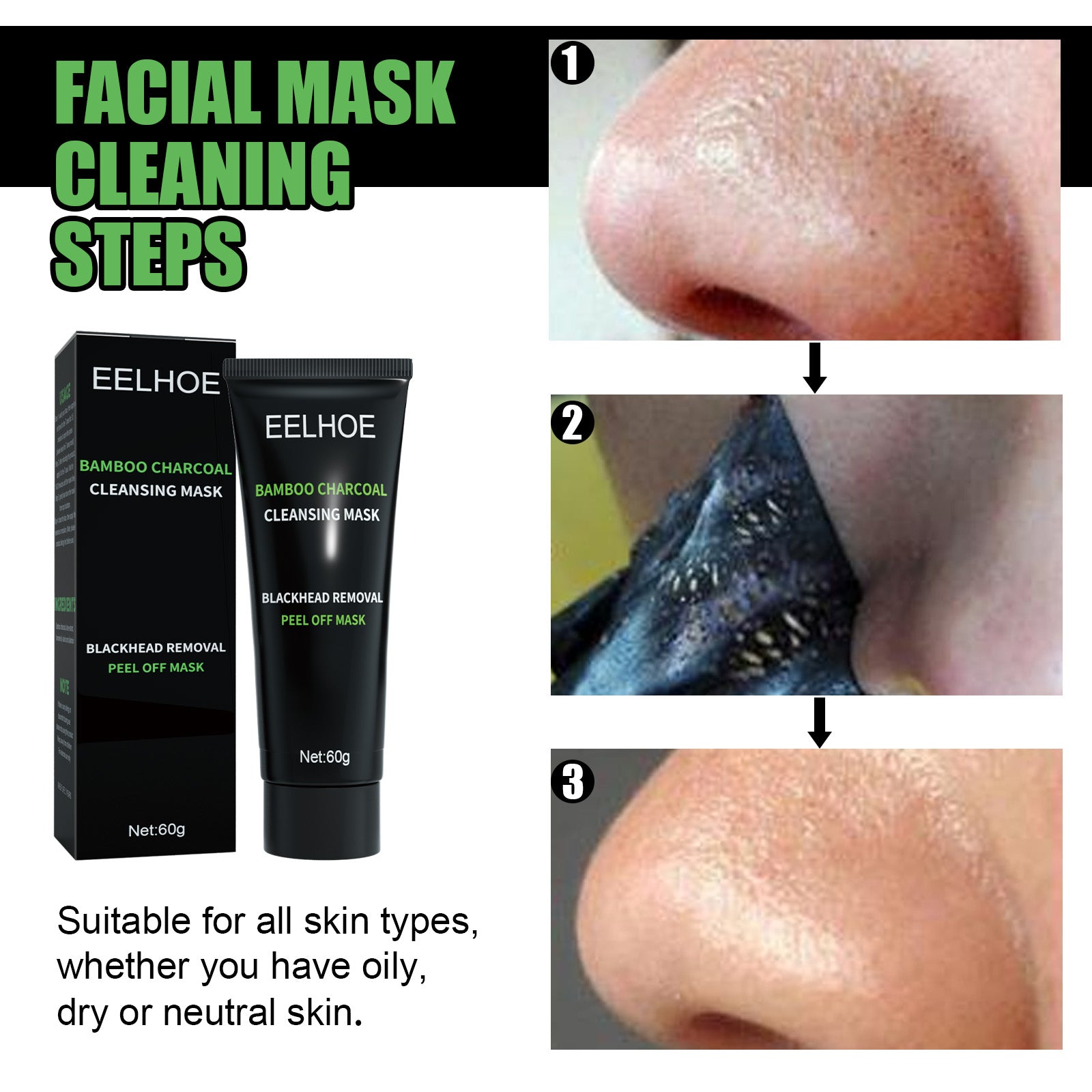 Bamboo Charcoal Blackhead Removal Mask, Deep Cleanse Pores And Acne T-Zone Oil Control With A Peel Mask - Korvel