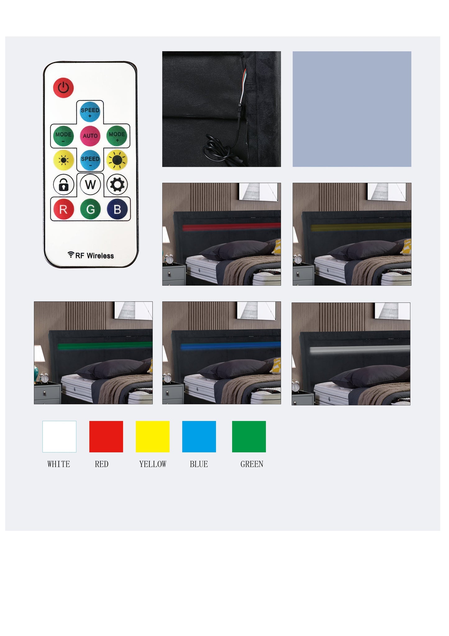 LED light with remote control and color changing at the head of the bed. The bed is firm and stable and easy to assemble - Korvel