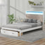 Wood Full Size Platform Bed with Upholstered Headboard and LED and 2 Drawers, Antique White - Korvel