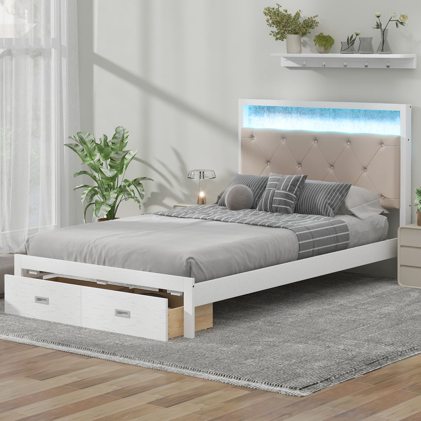 Wood Full Size Platform Bed with Upholstered Headboard and LED and 2 Drawers, Antique White - Korvel