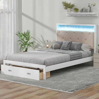 Wood Full Size Platform Bed with Upholstered Headboard and LED and 2 Drawers, Antique White - Korvel