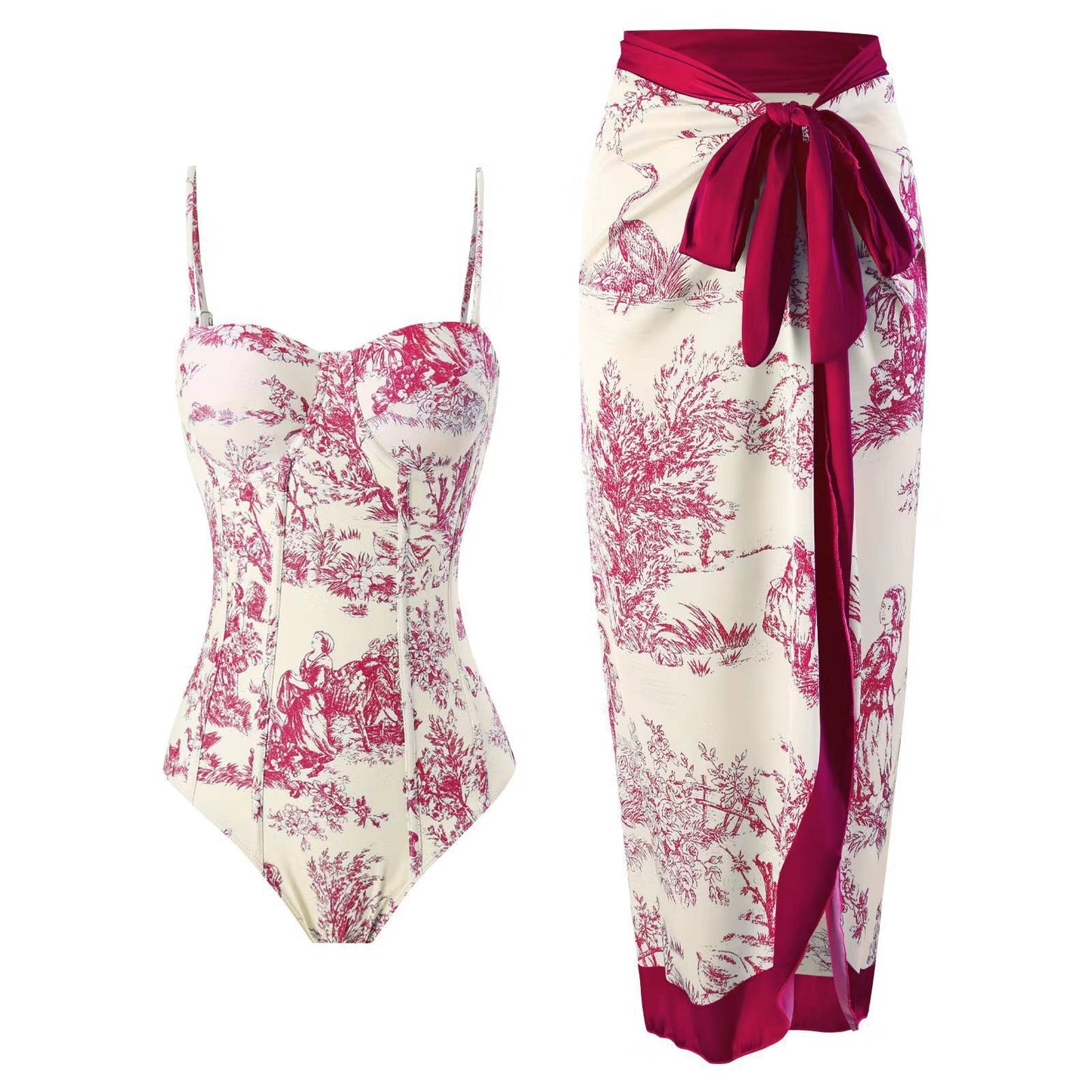 New one-piece swimsuit women's tight fitting slimming retro strap sunscreen long skirt two-piece set - Korvel