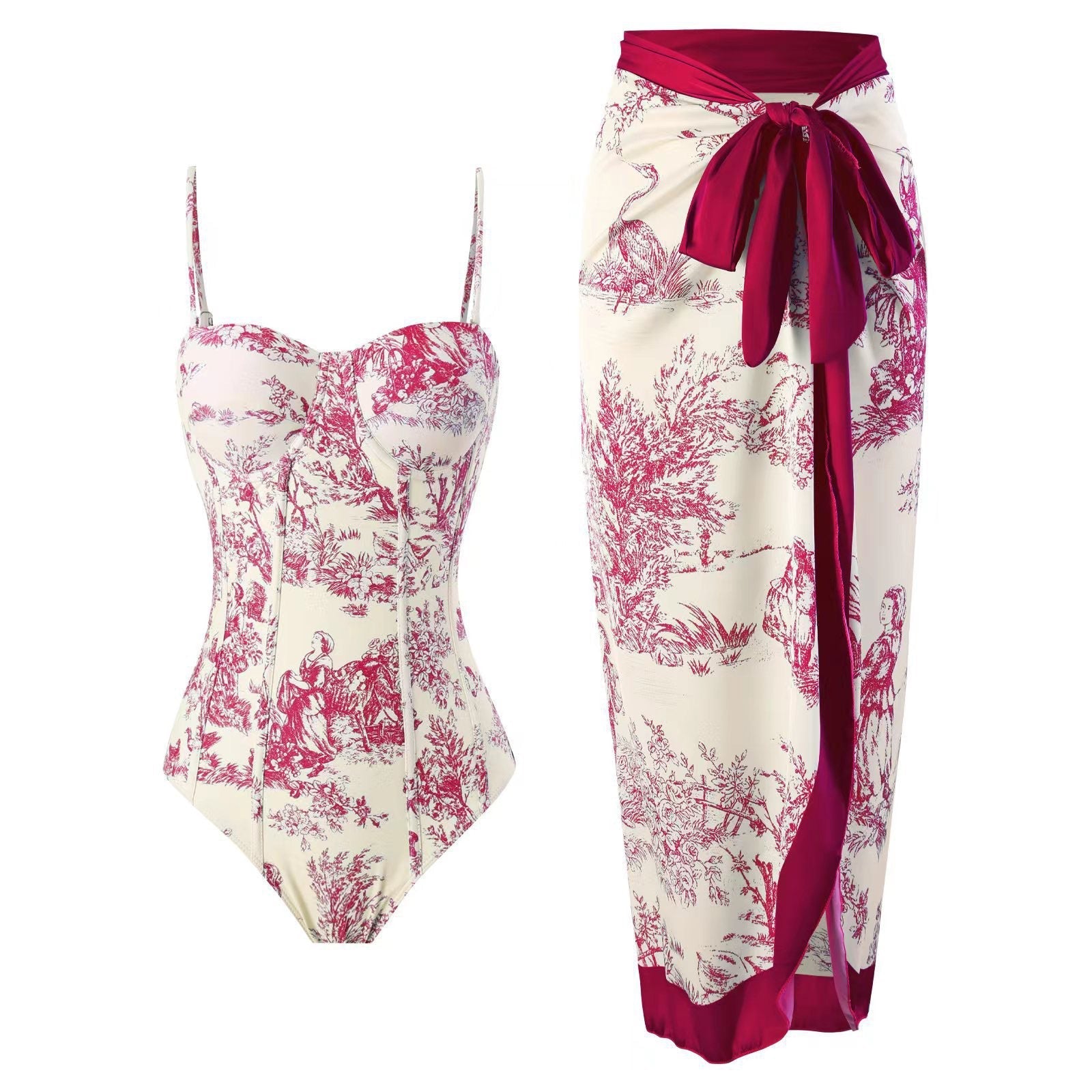 New one-piece swimsuit women's tight fitting slimming retro strap sunscreen long skirt two-piece set - Korvel