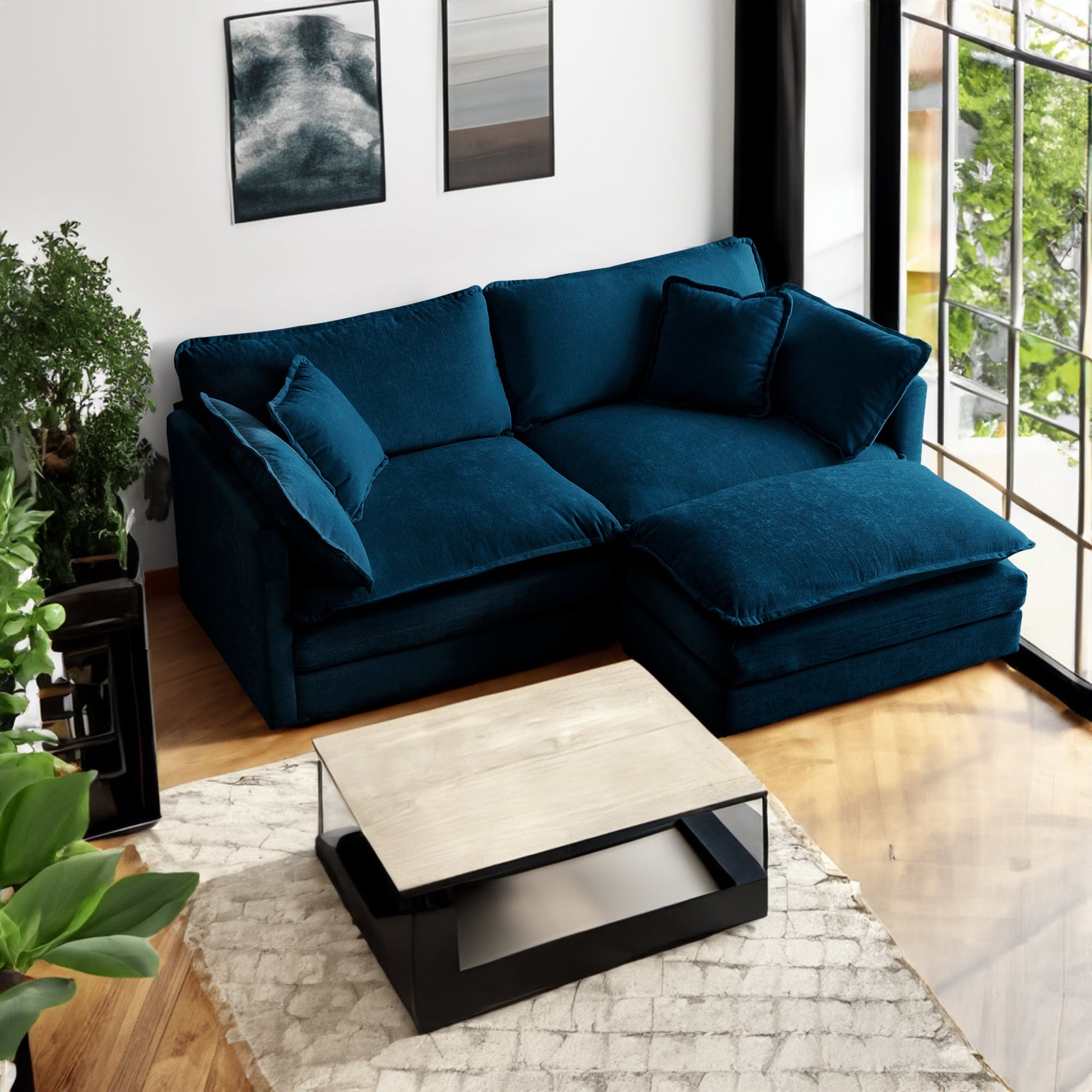 Chenille double sofa with 1 foot pedal, 2 seats L-shaped section, Ottoman style blue Chenille - Korvel