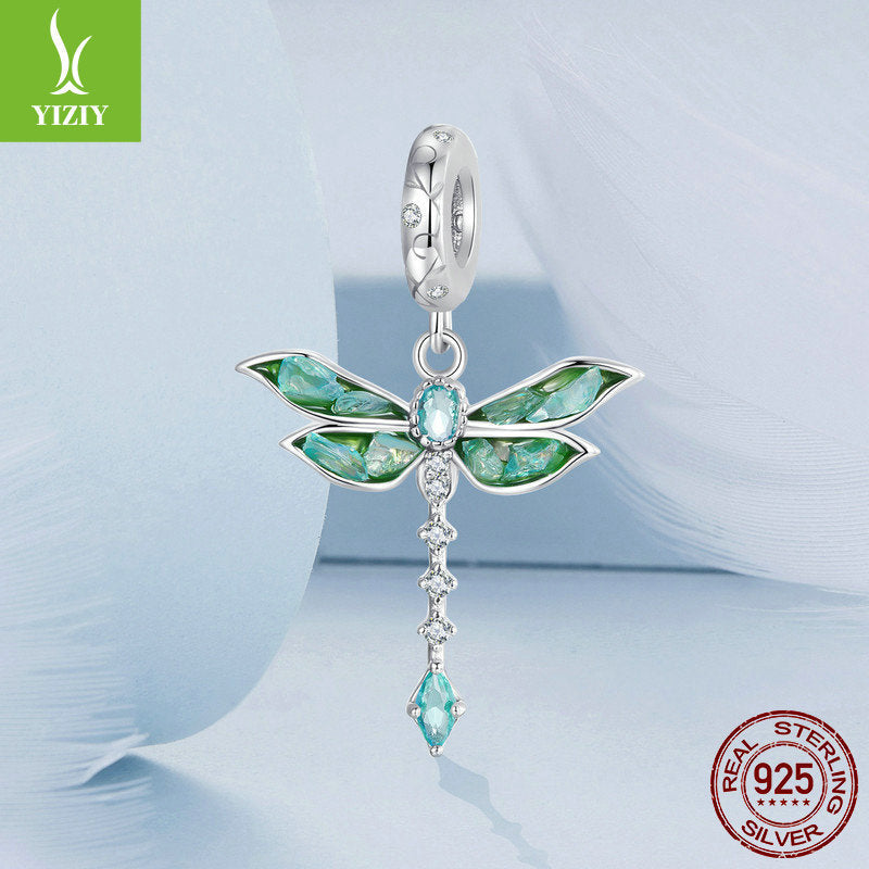 Charm Pendent DIY Libellule Verte Argentée - Argent Pur S925