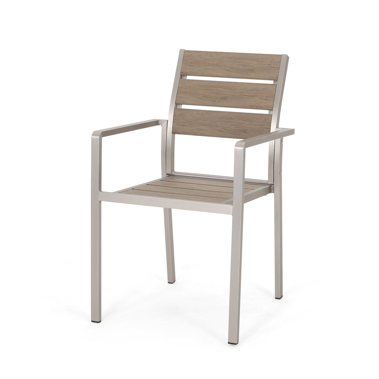 Outdoor Modern Aluminum Dining Chair with Faux Wood Seat (Set of 2), Natural and Silver - Korvel