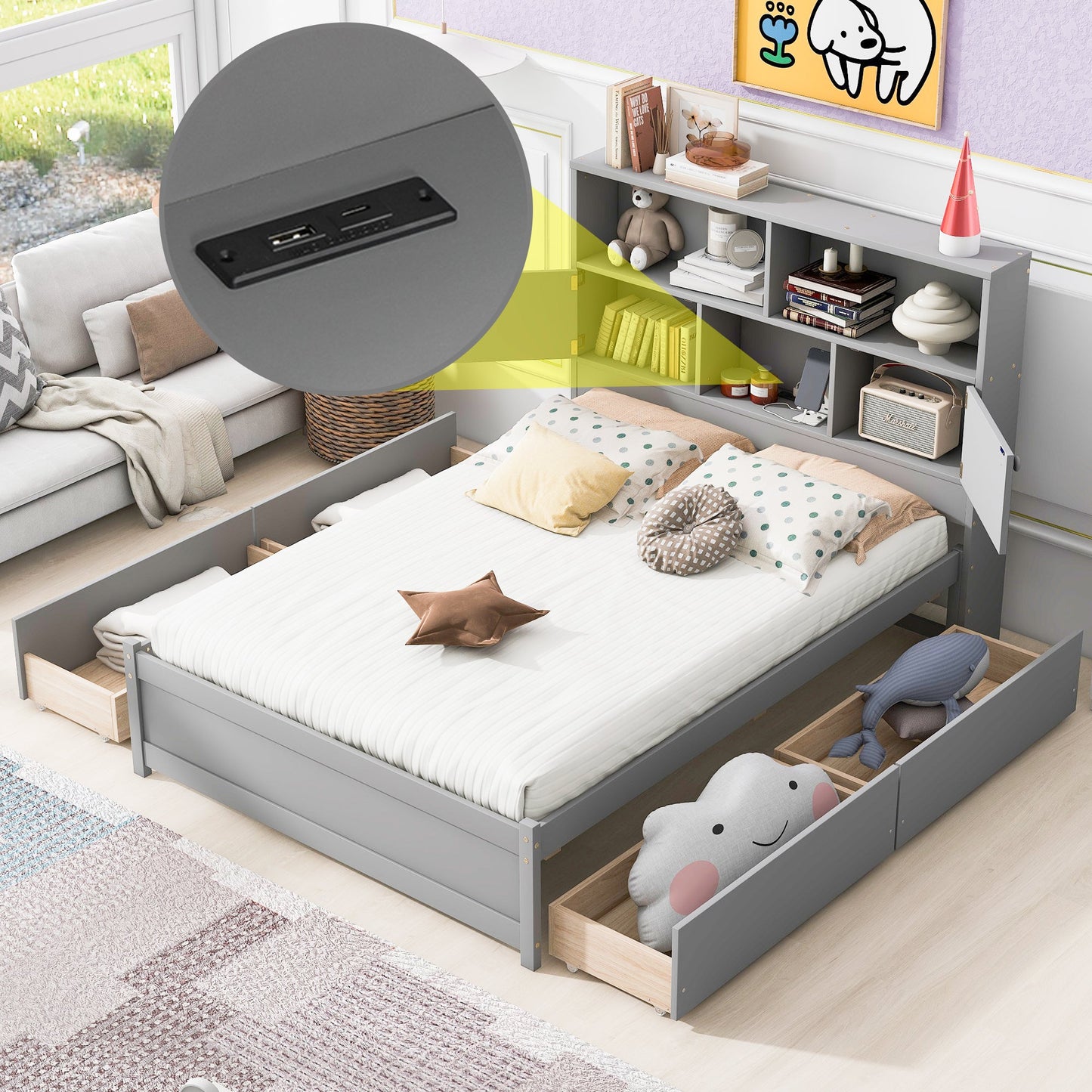 Full Size Platform Bed with Storage Headboard and Charging Station