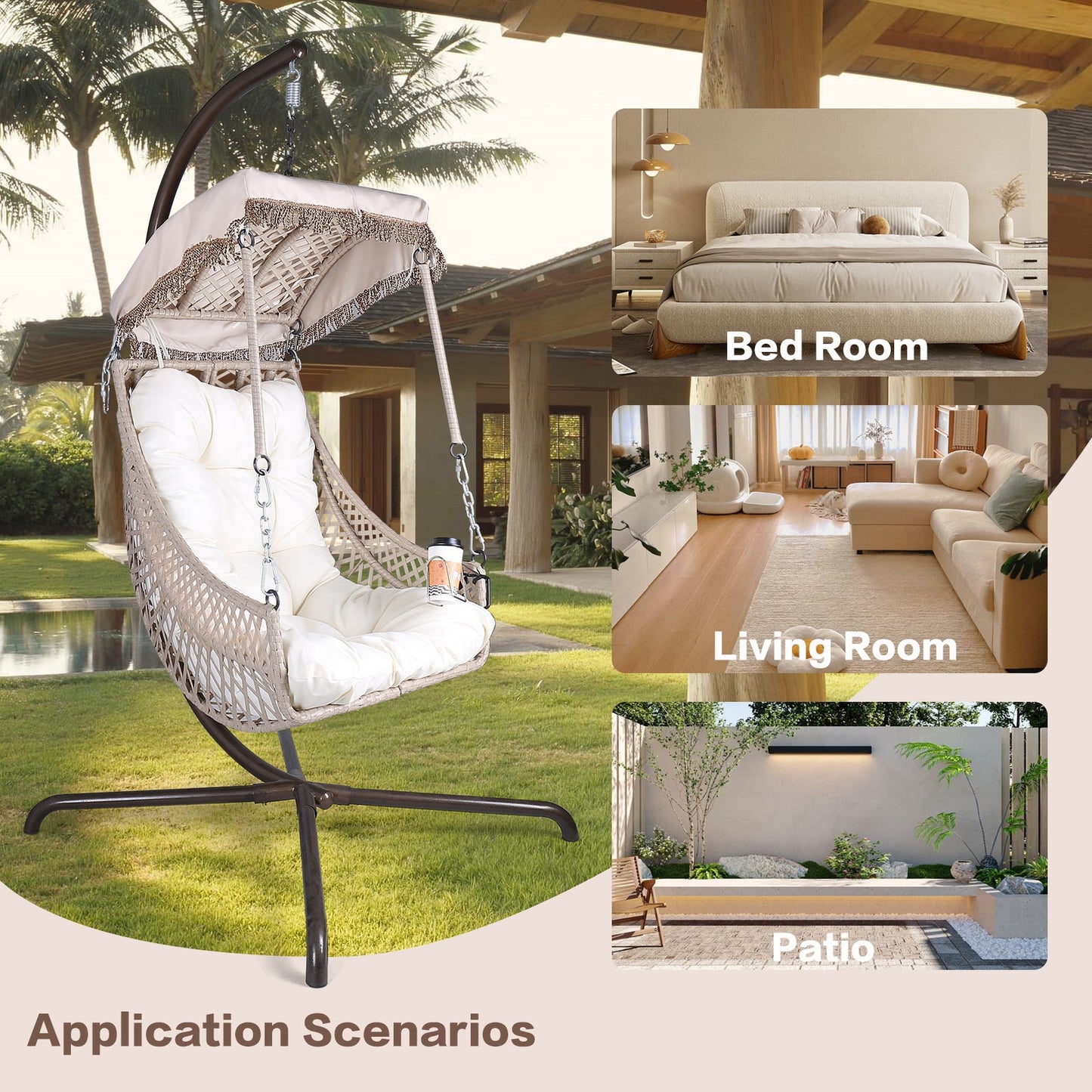 Swing Egg Chair with Stand Indoor Outdoor Wicker Rattan Frame 350lbs Capacity Hammock Chair for Patio Bedroom with Sunshade Clot - Korvel