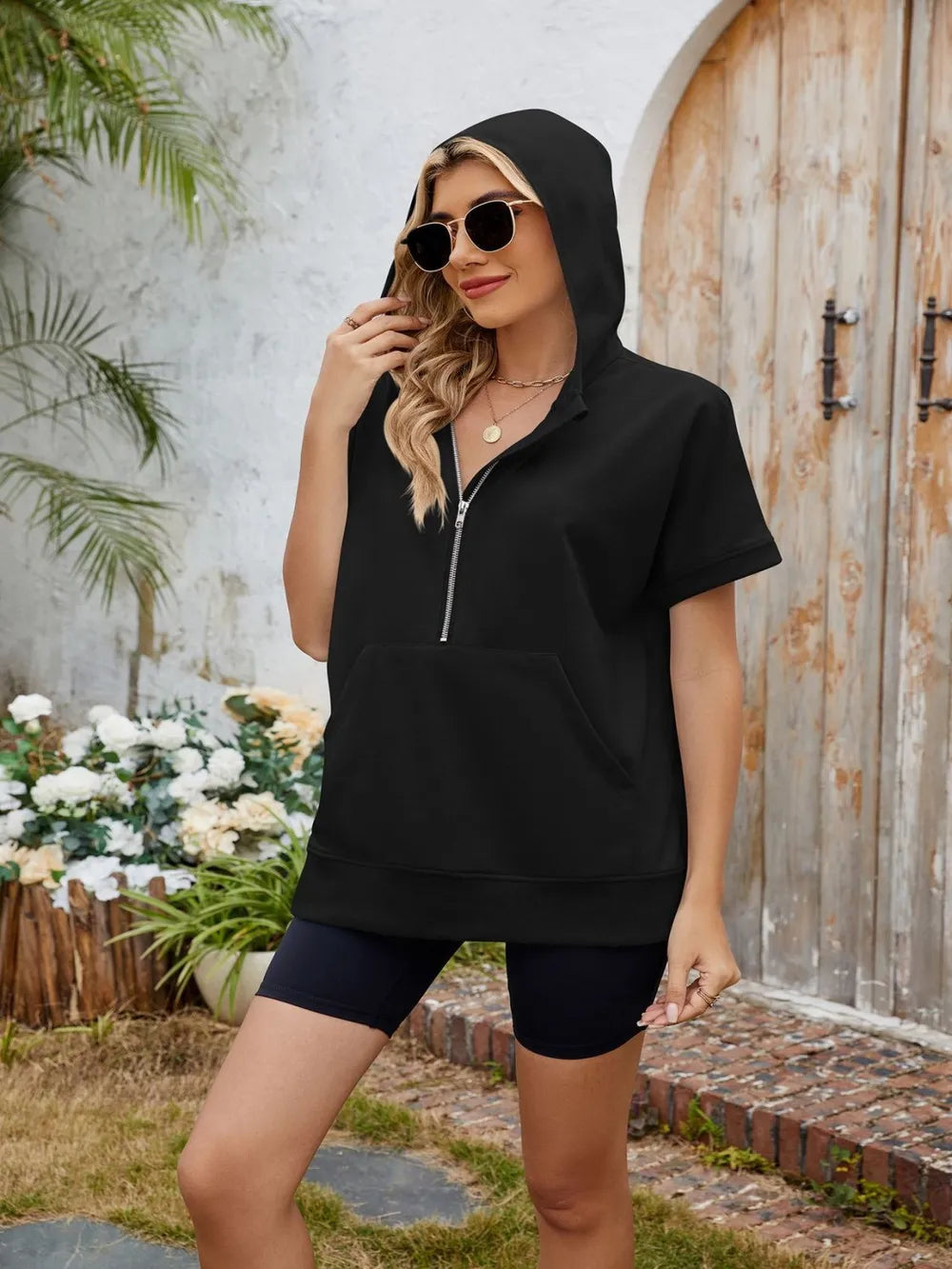 Half Zip Short Sleeve Hooded Top - Korvel