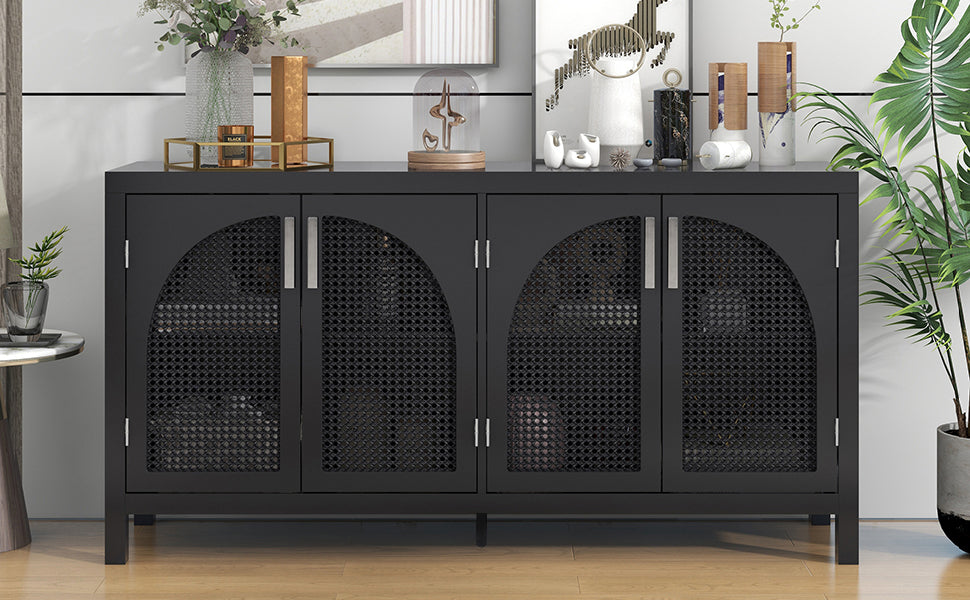 TREXM Large Storage Space Sideboard with Artificial Rattan Door and Metal Handles for Living Room and Entryway (Black) - Korvel