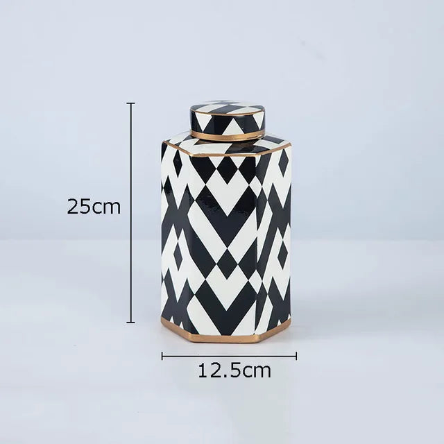 Geometric Black and White Striped Storage Jar Household Ceramic Candy Sealed Jar Vase Sundries Container Home Decoration - Korvel