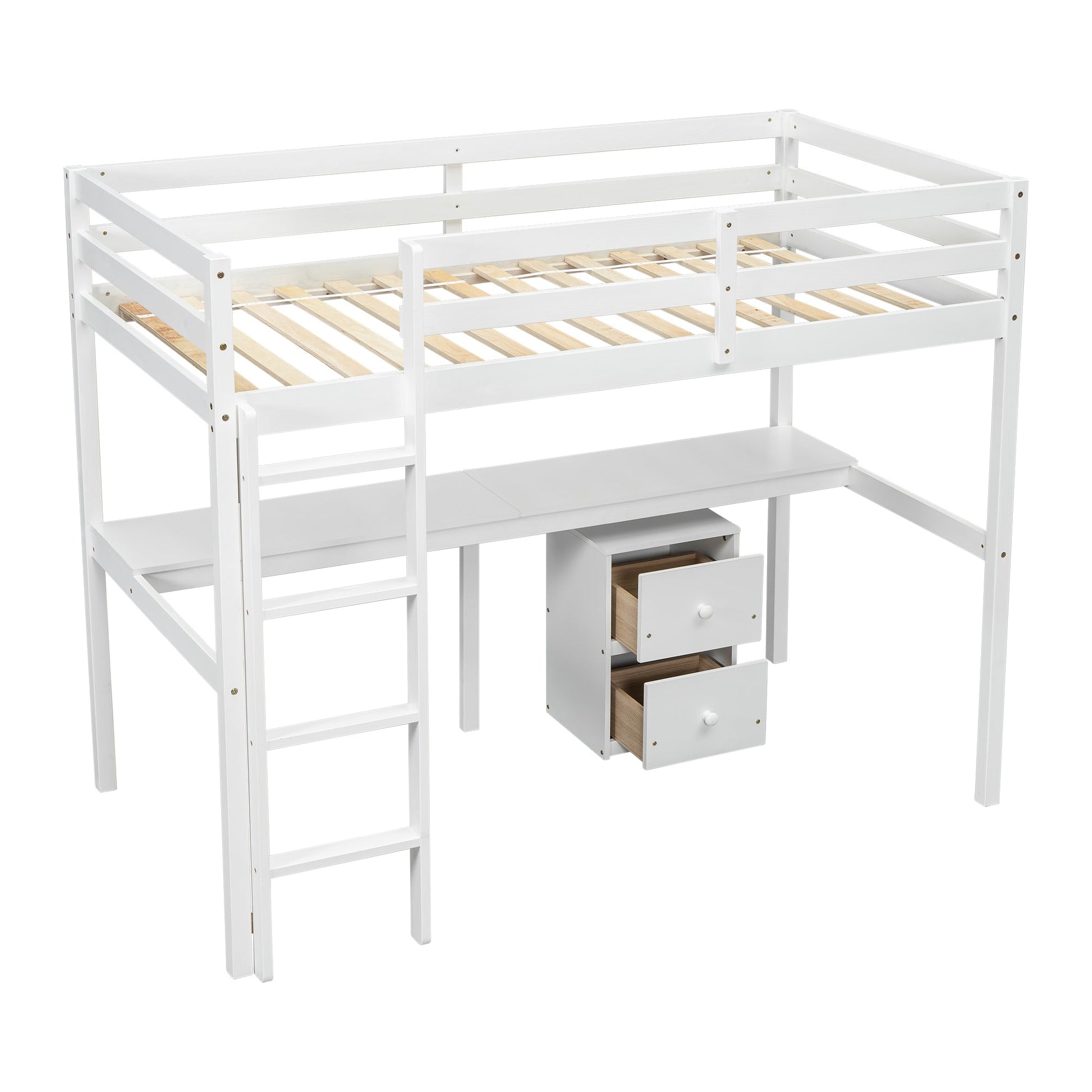 Twin Loft Wood Bed with Under-bed, Built-in Desk, a Storage Cabinet of 2 Drawers, Guardrails, Ladder,White - Korvel