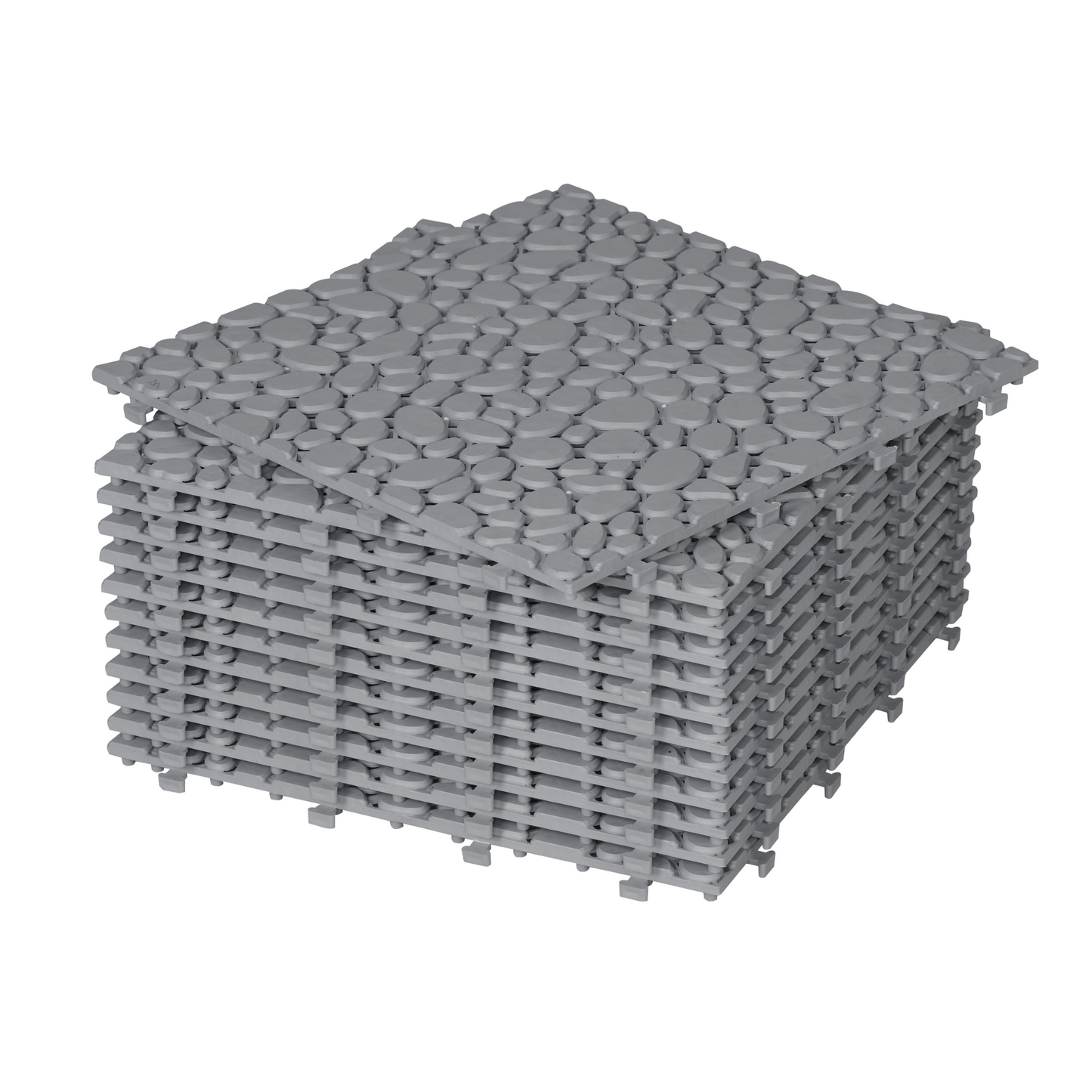 12 x 12 inch gray interlocking deck tiles, plastic waterproof pebble pattern, pack of 12 pieces - Korvel