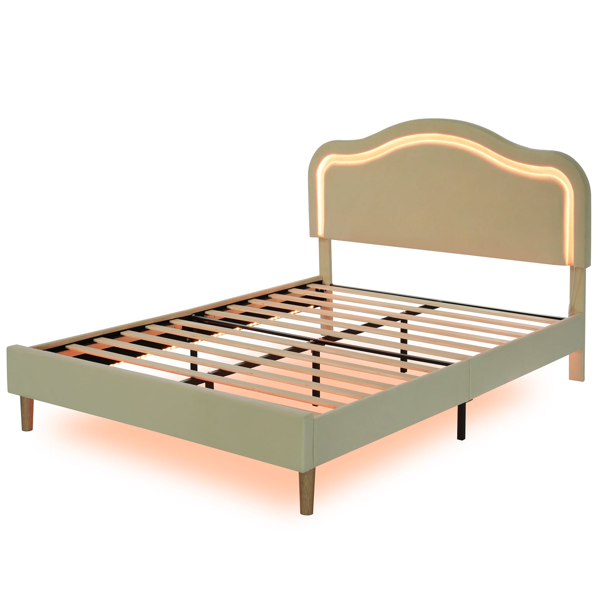 Full Size Velvet Upholstered Smart LED Bed Frame with Adjustable Height Headboard,No Box Spring Needed,Easy Assembly,Beige - Korvel