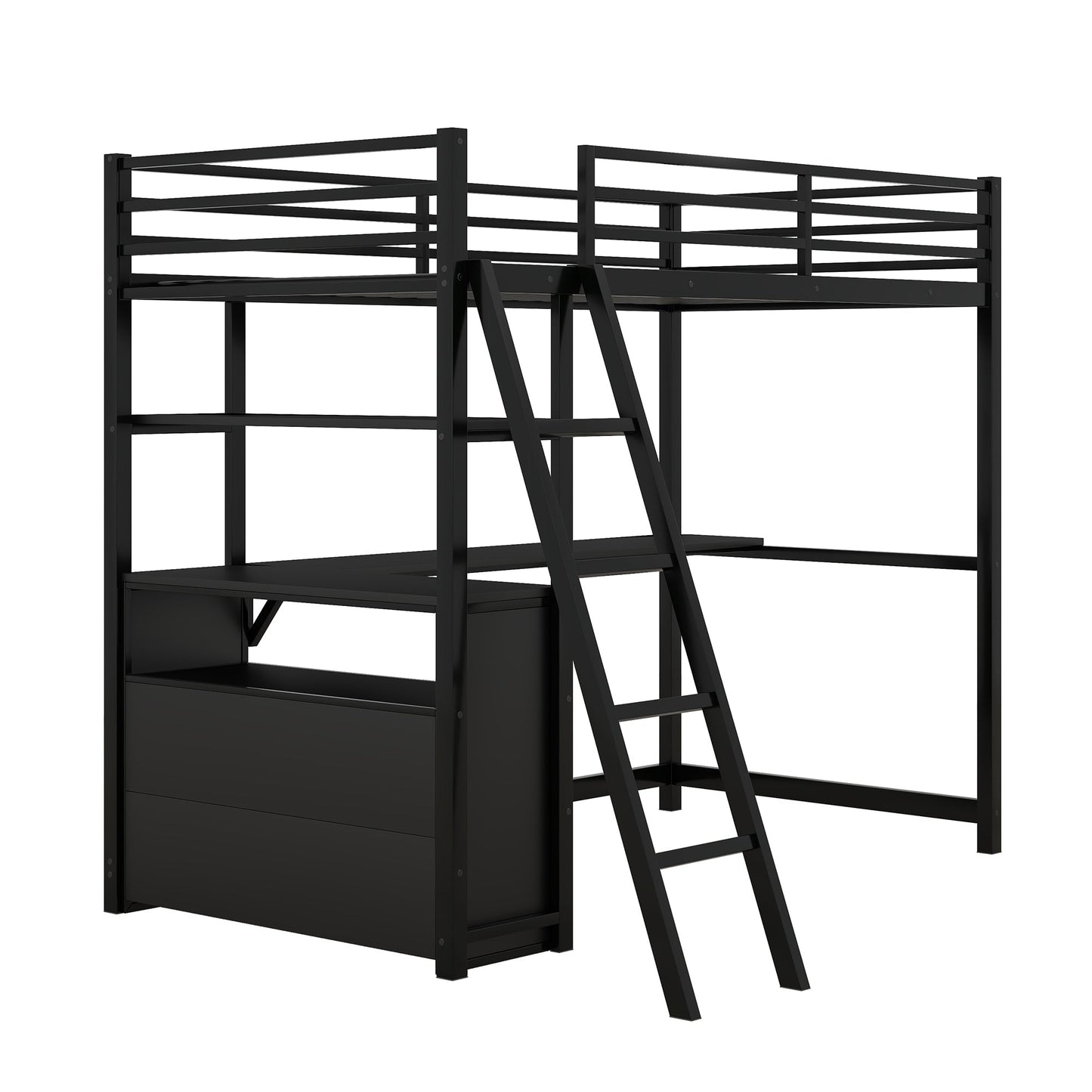 Twin Size Metal&Wood Loft Bed with Desk and Shelves, Two Built-in Drawers, Black - Korvel